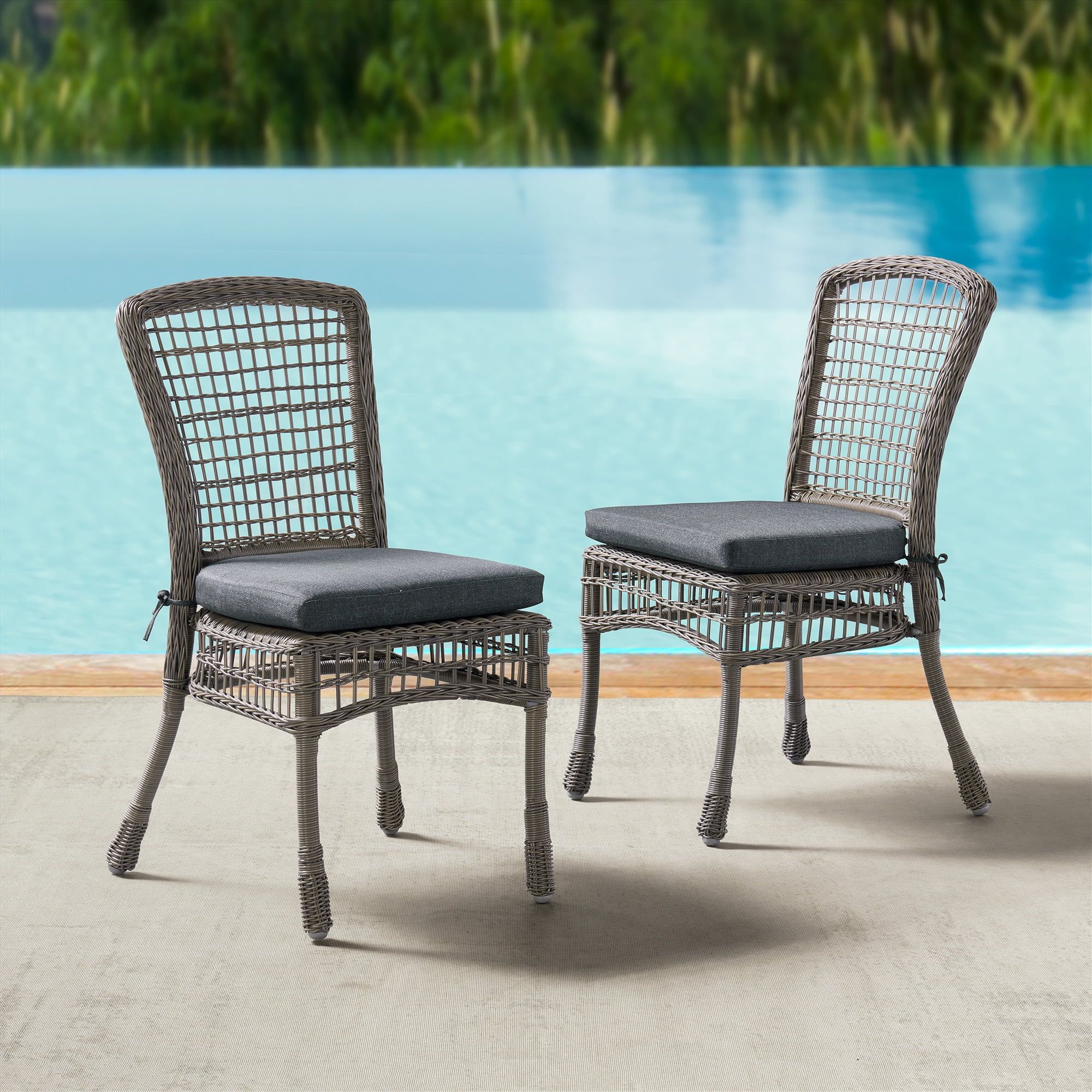 Asti Gray Wicker Outdoor Dining Chairs with Cushions, Set of Two