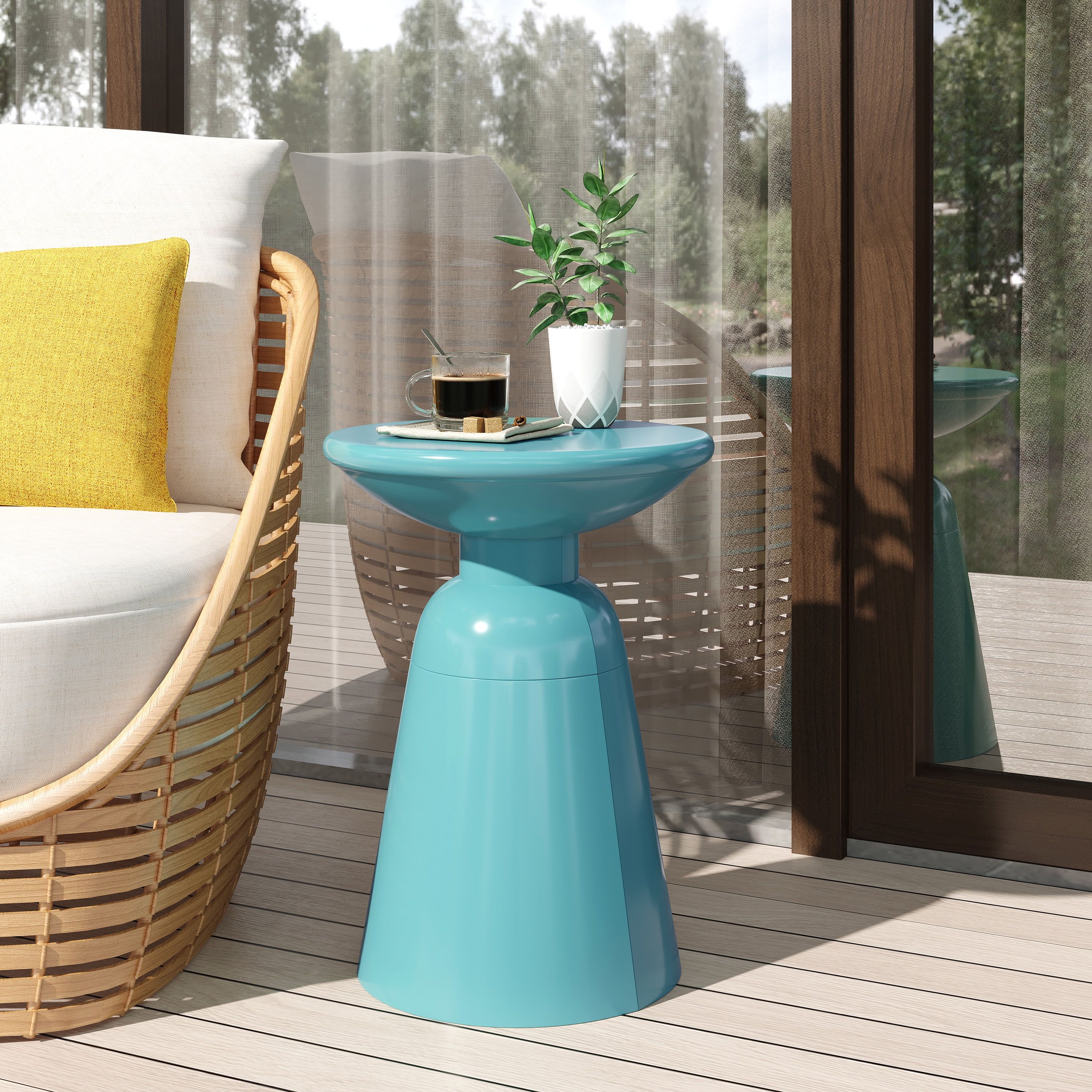 Teal Powder-Coated Iron Round Outdoor End Table