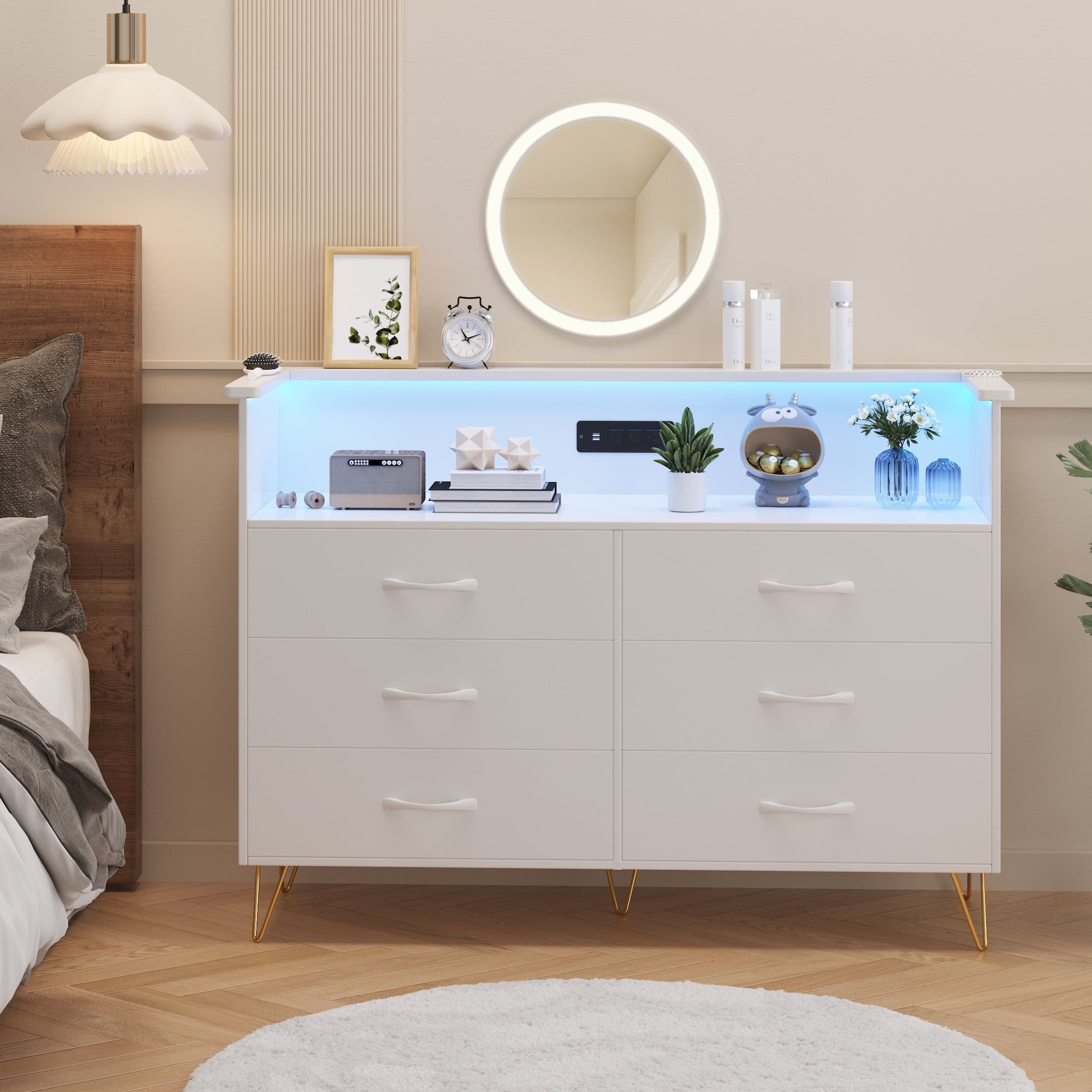 White Modern 6-Drawer Dresser with LED Light and Power Outlet