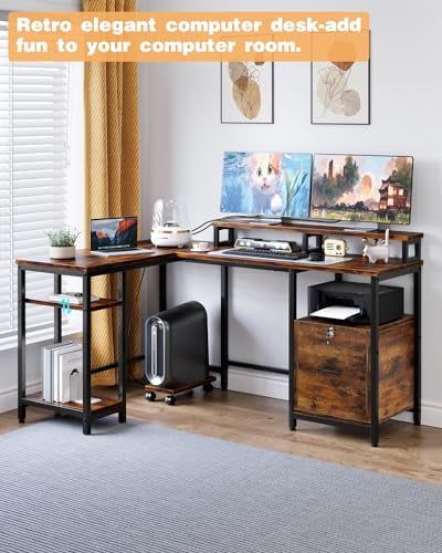 Rustic Brown L-Shaped Gaming Desk with Power Outlet and File Drawer