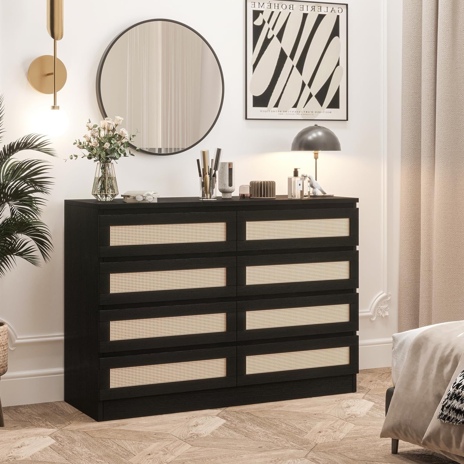 Black and Natural Double Dresser with Rattan Drawers