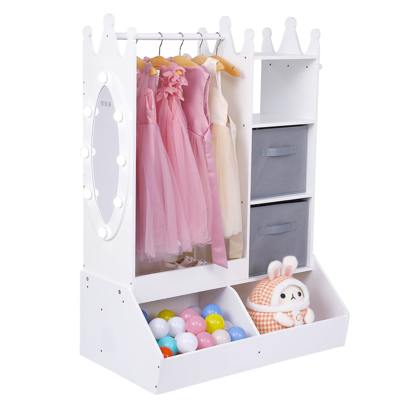 White Wooden Dress-Up Storage with Mirror and Shelves