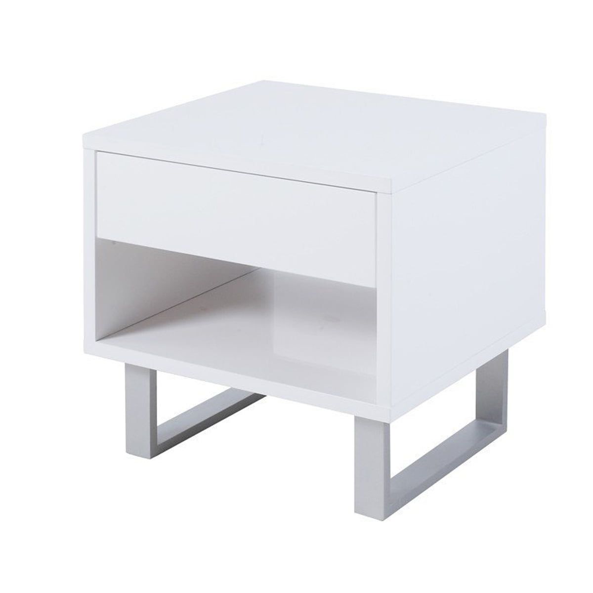 Contemporary White Glossy End Table with Metal U-Legs and Storage Drawer