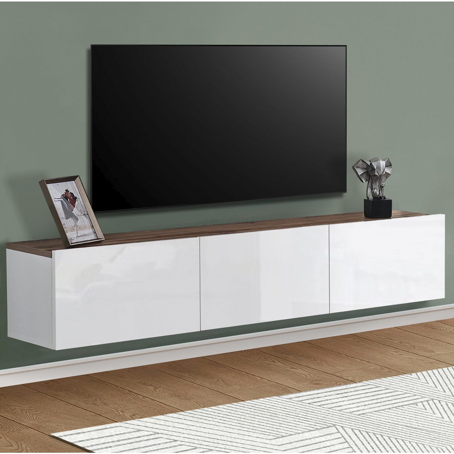 Glossy White and Oak Floating TV Stand with Cabinet