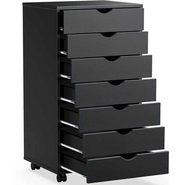 Black MDF 7-Drawer Chest with Casters and Soft Close