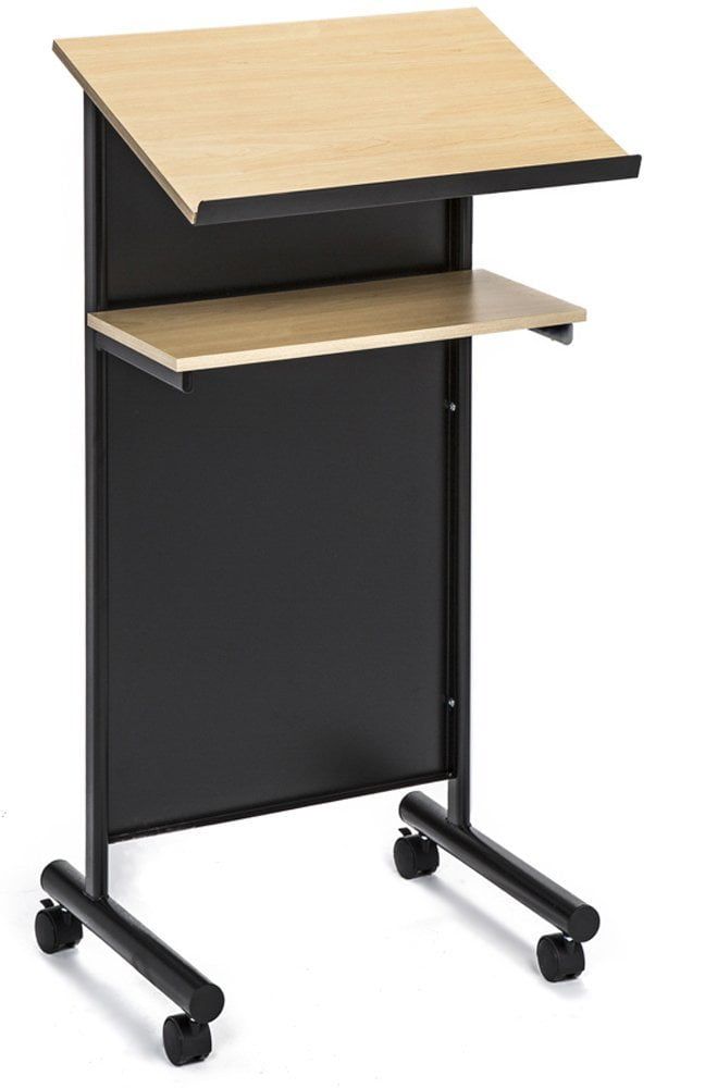 Beech and Black Metal Standing Desk with Wheels and Shelves