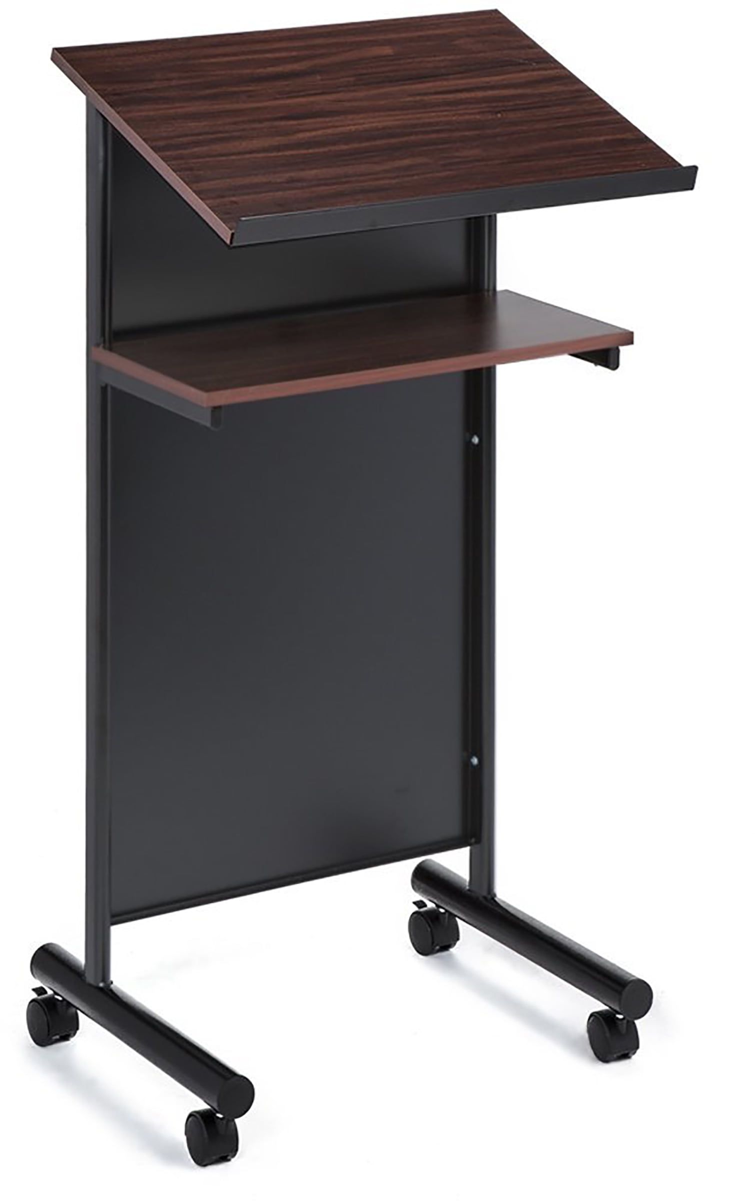 Black and Cherry Metal Standing Desk with Wheels and Shelves