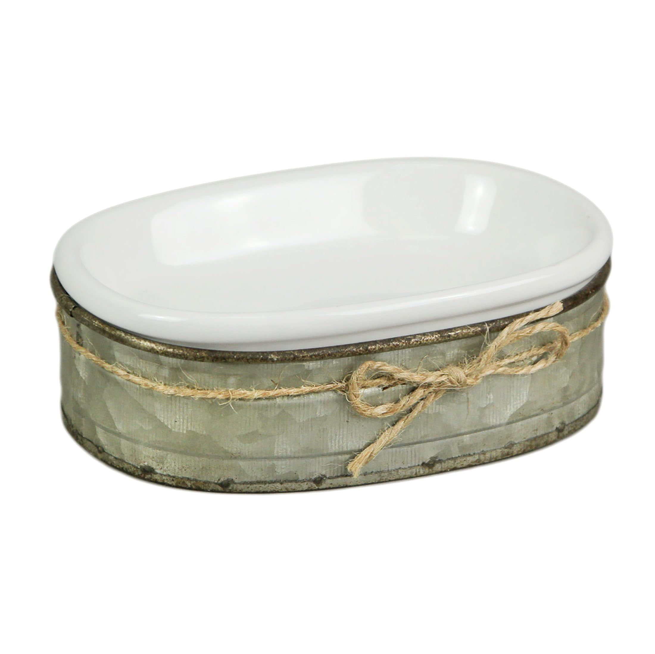 White Ceramic Soap Dish with Galvanized Zinc Tray and Jute Accent