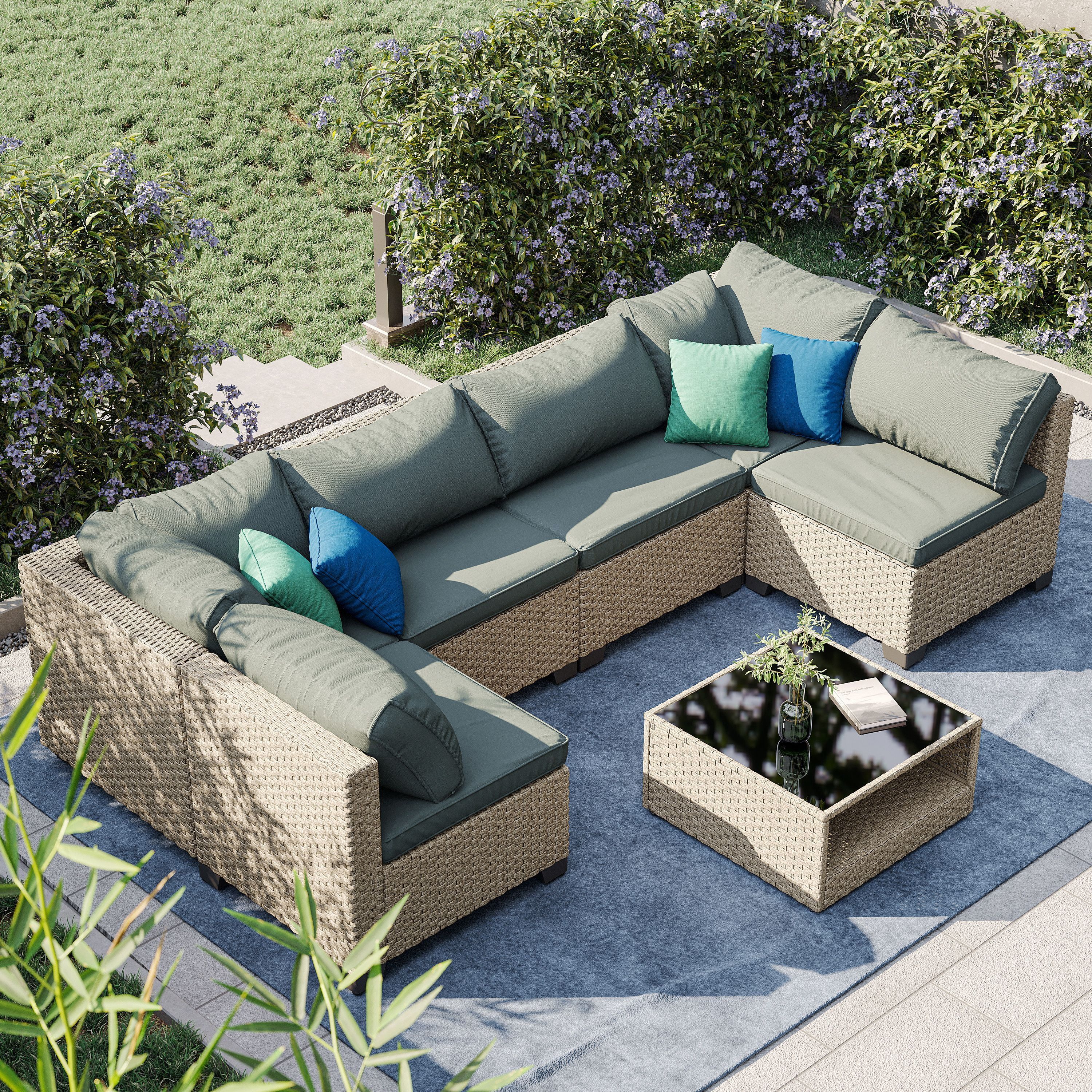 7-Piece Beige and Gray Wicker Patio Sectional Sofa Set