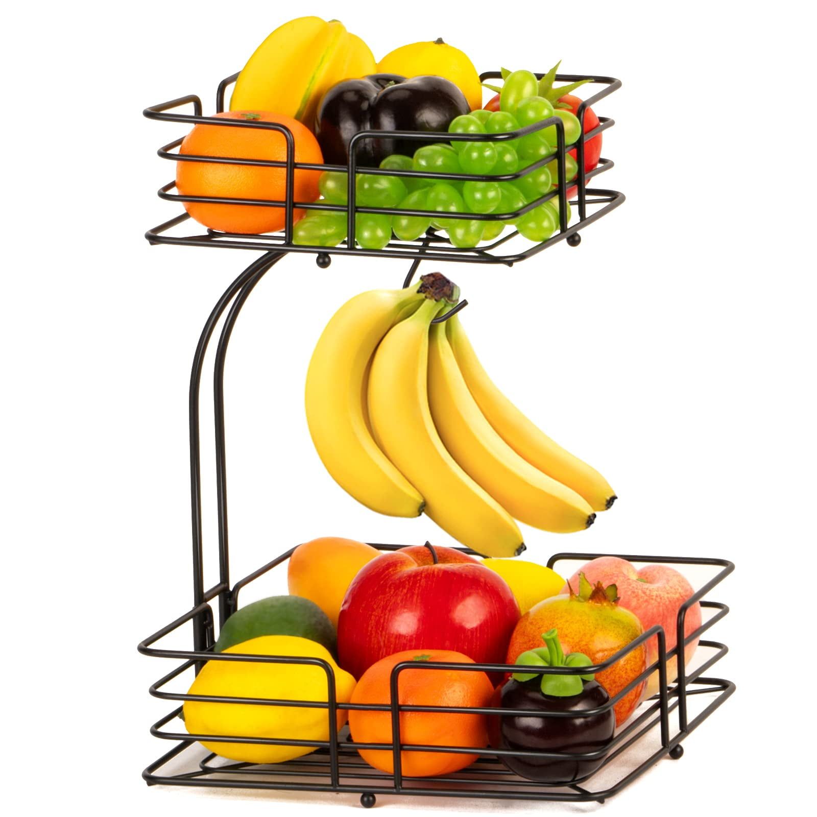 Black 2-Tier Square Fruit Basket with Banana Hanger