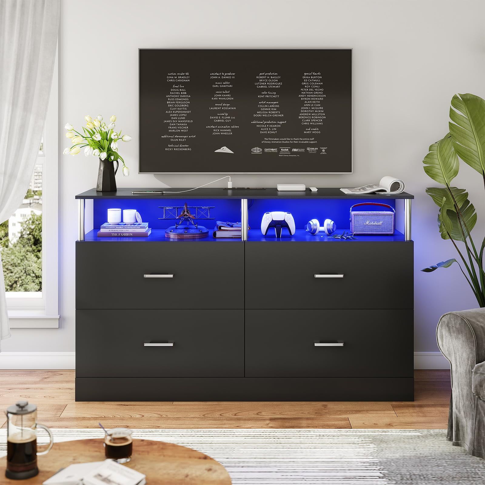 Black Modern LED Dresser with Charging Station and Columns