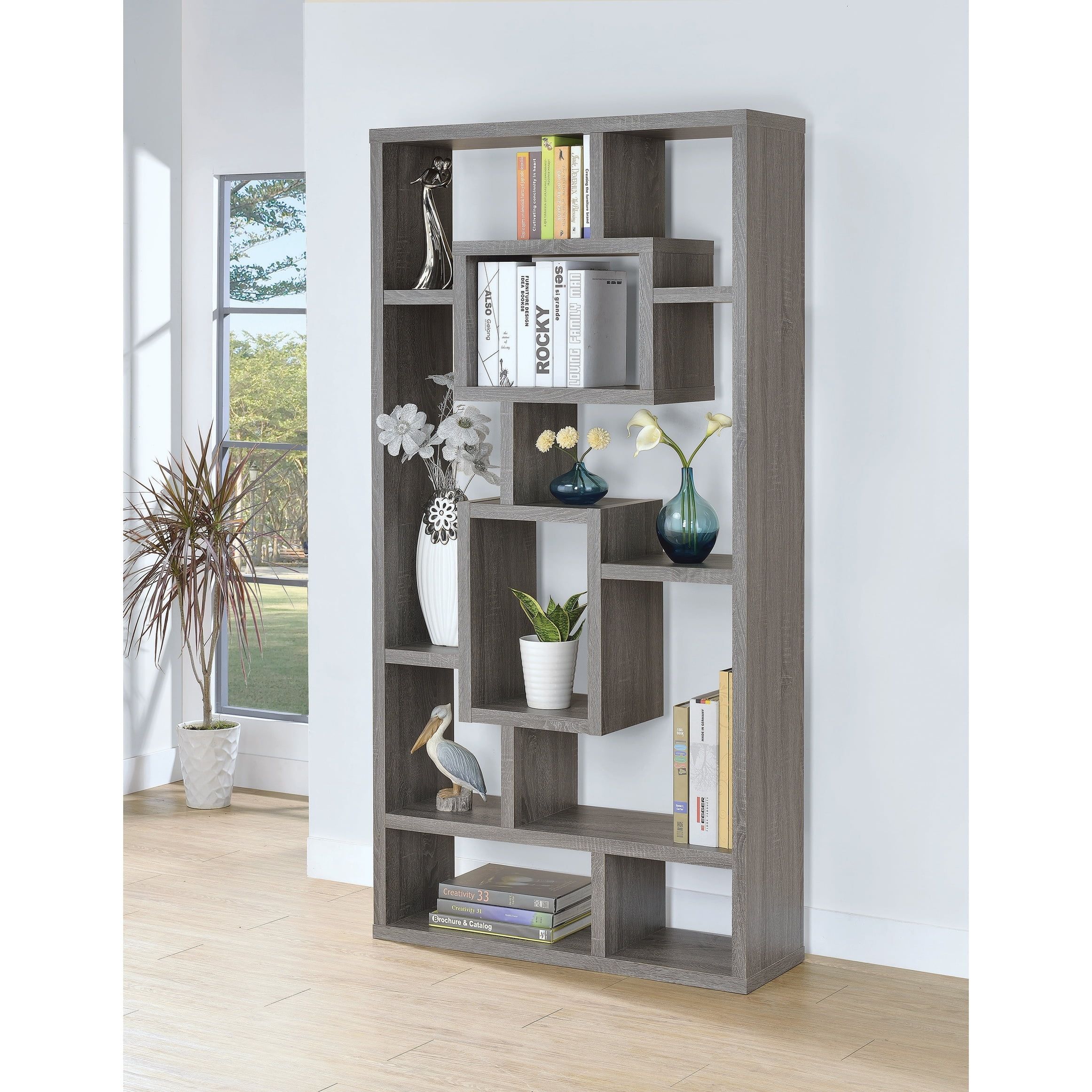 Weathered Grey 10-Shelf Geometric Cube Bookcase