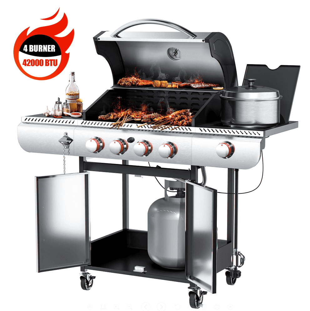 Stainless Steel 4-Burner Propane Gas Grill with Side Burner