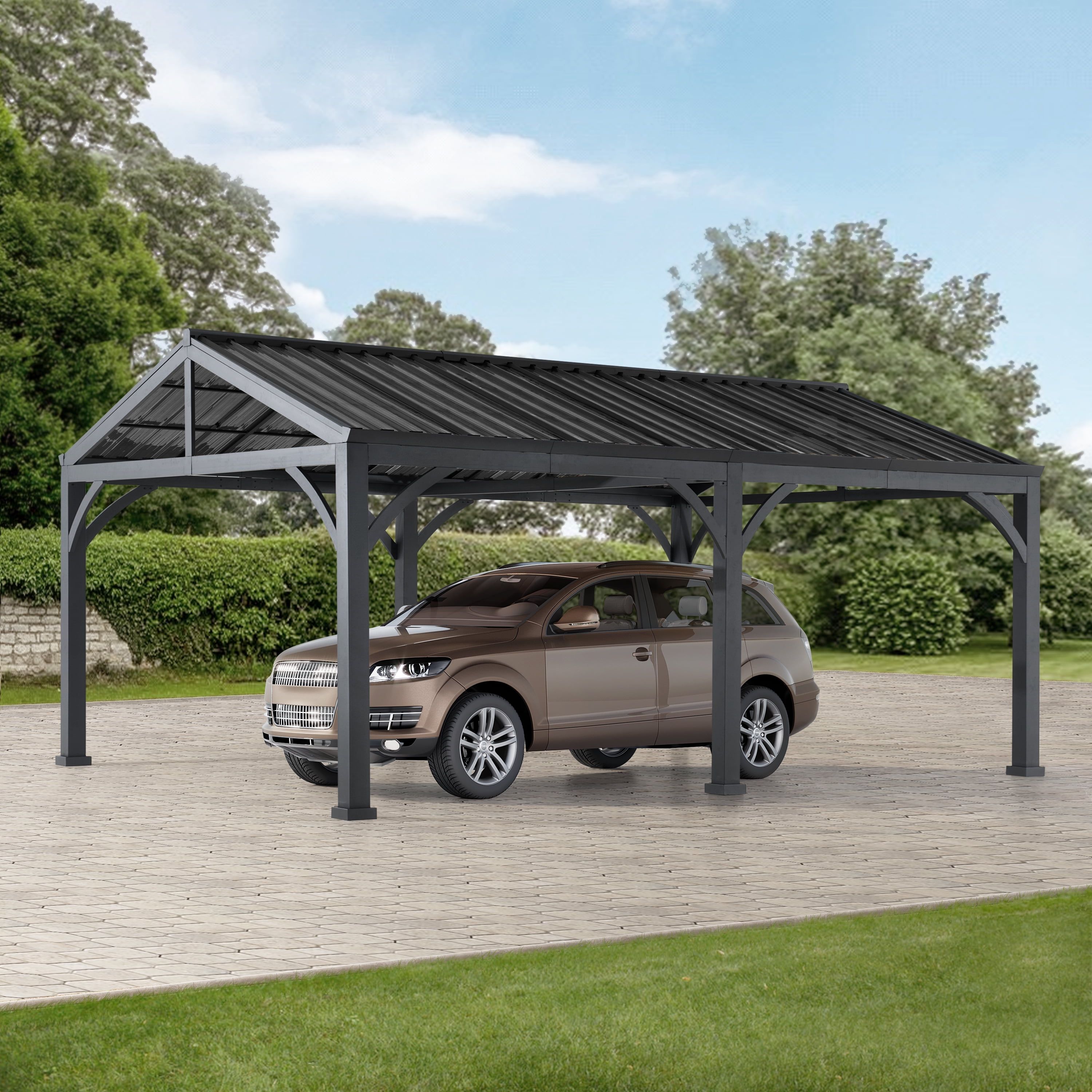 Sunjoy Black Steel Gable Roof Carport Pavilion