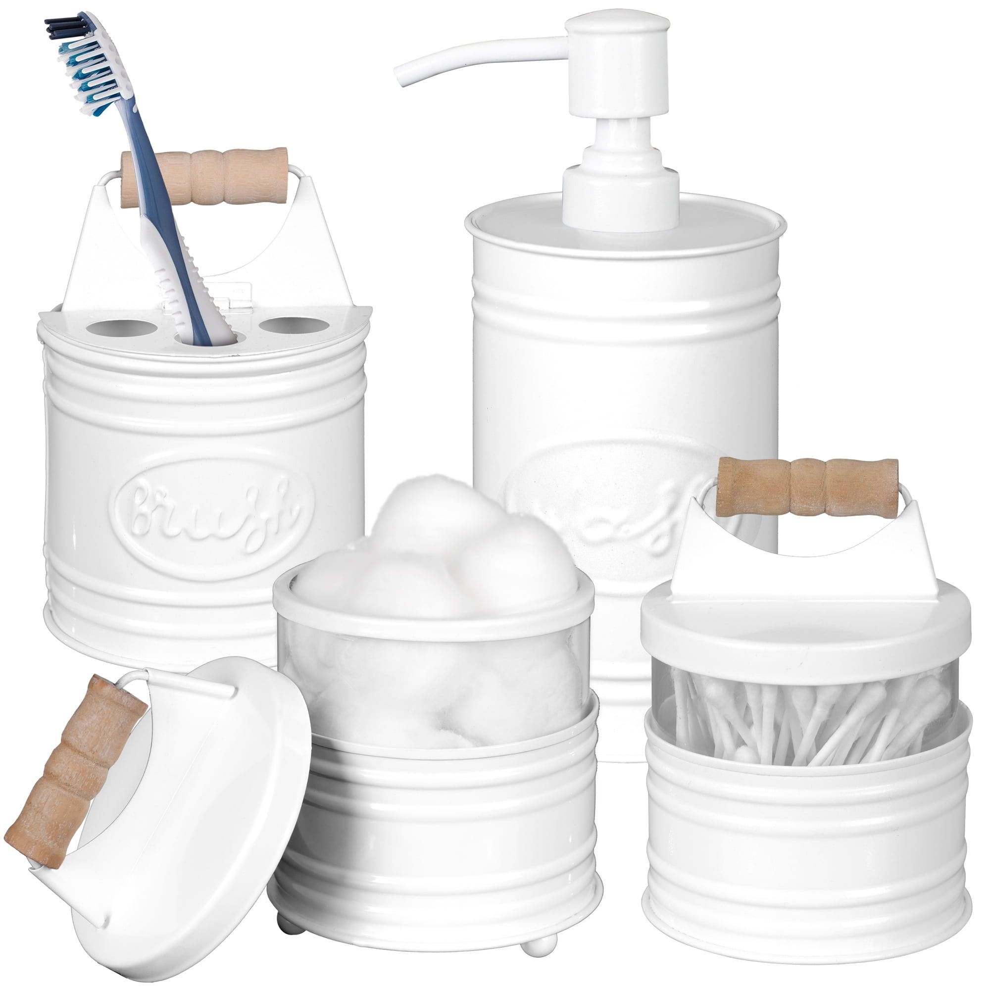 White Metal and Wood Farmhouse Bathroom Accessory Set