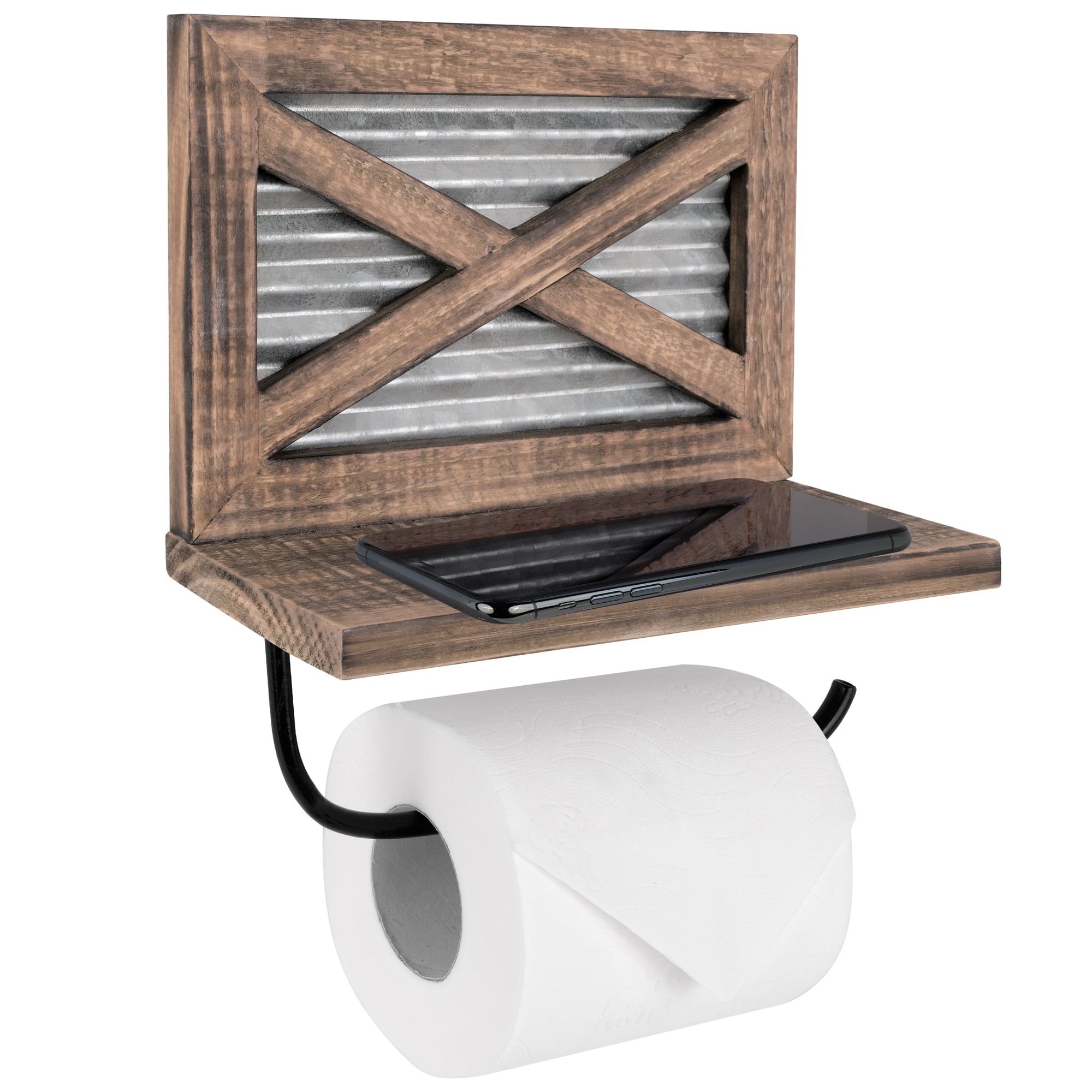 Rustic Farmhouse Wood and Metal Toilet Paper Holder with Shelf