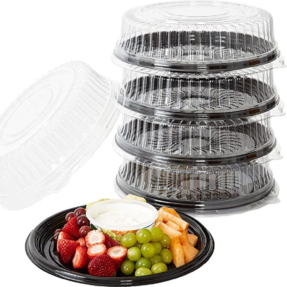 Black 12-Inch Round Plastic Catering Trays with Clear Lids, 10 Pack