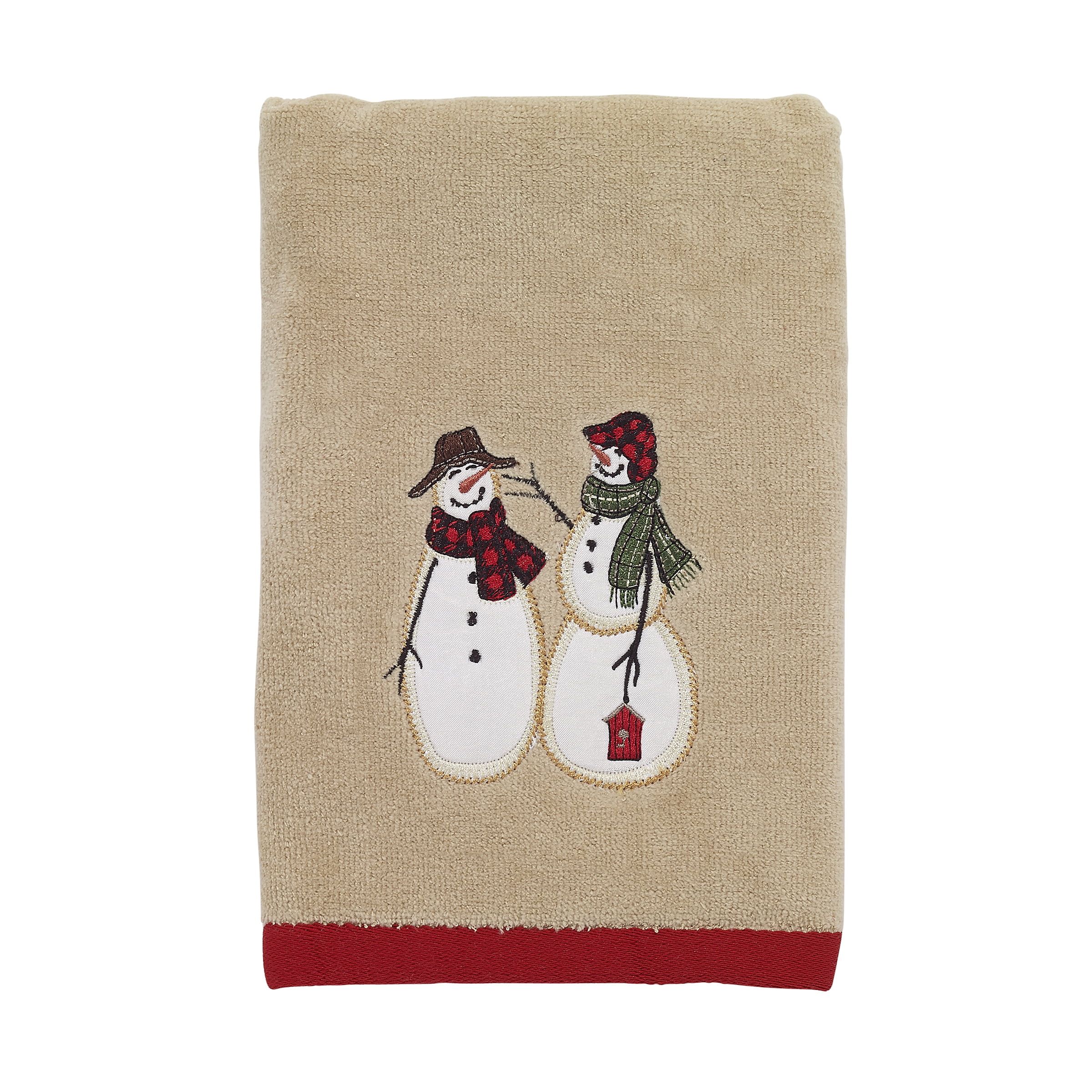 Festive Tan Cotton Hand Towel with Embroidered Snowmen