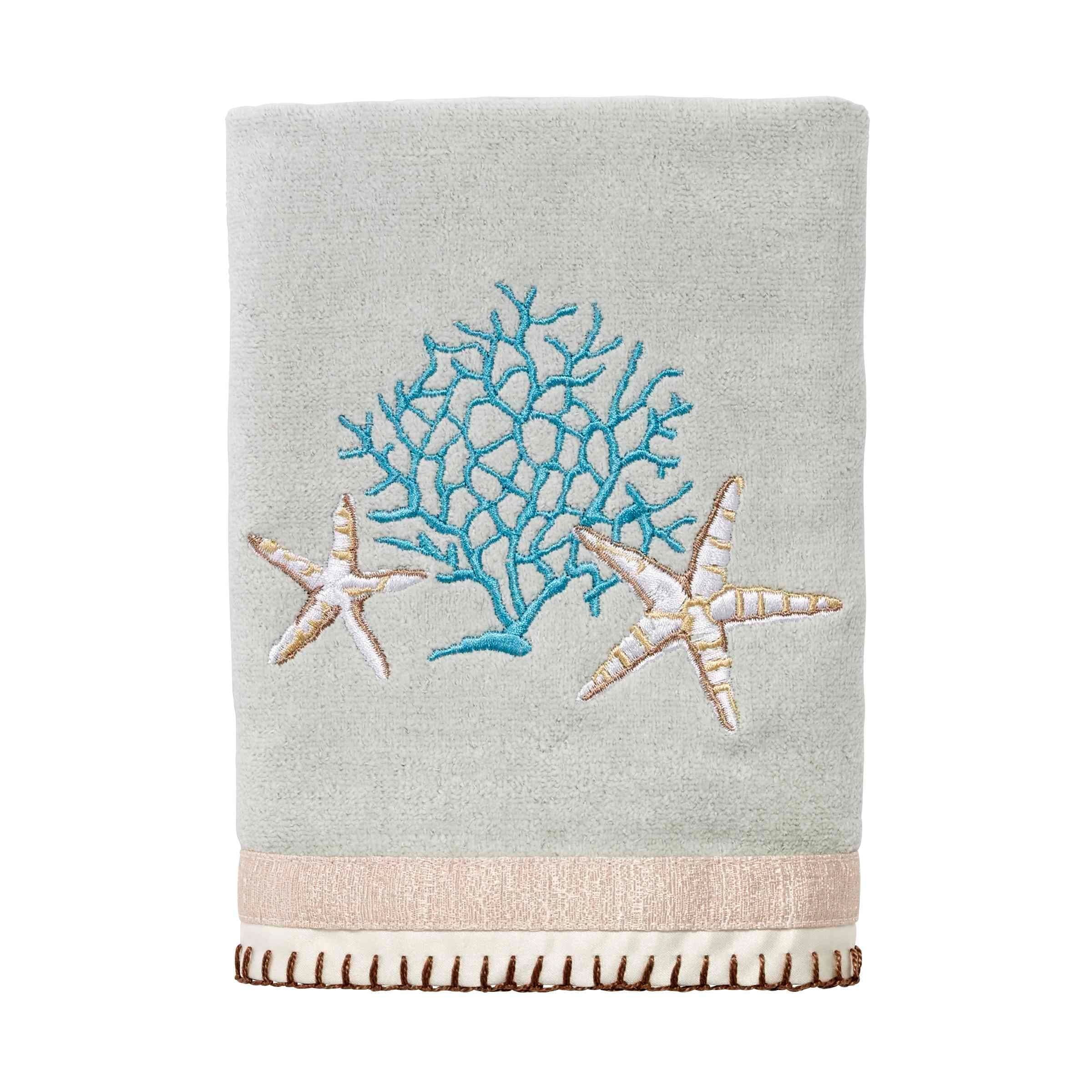 Seafoam Embroidered Cotton Hand Towel Set with Coral and Starfish