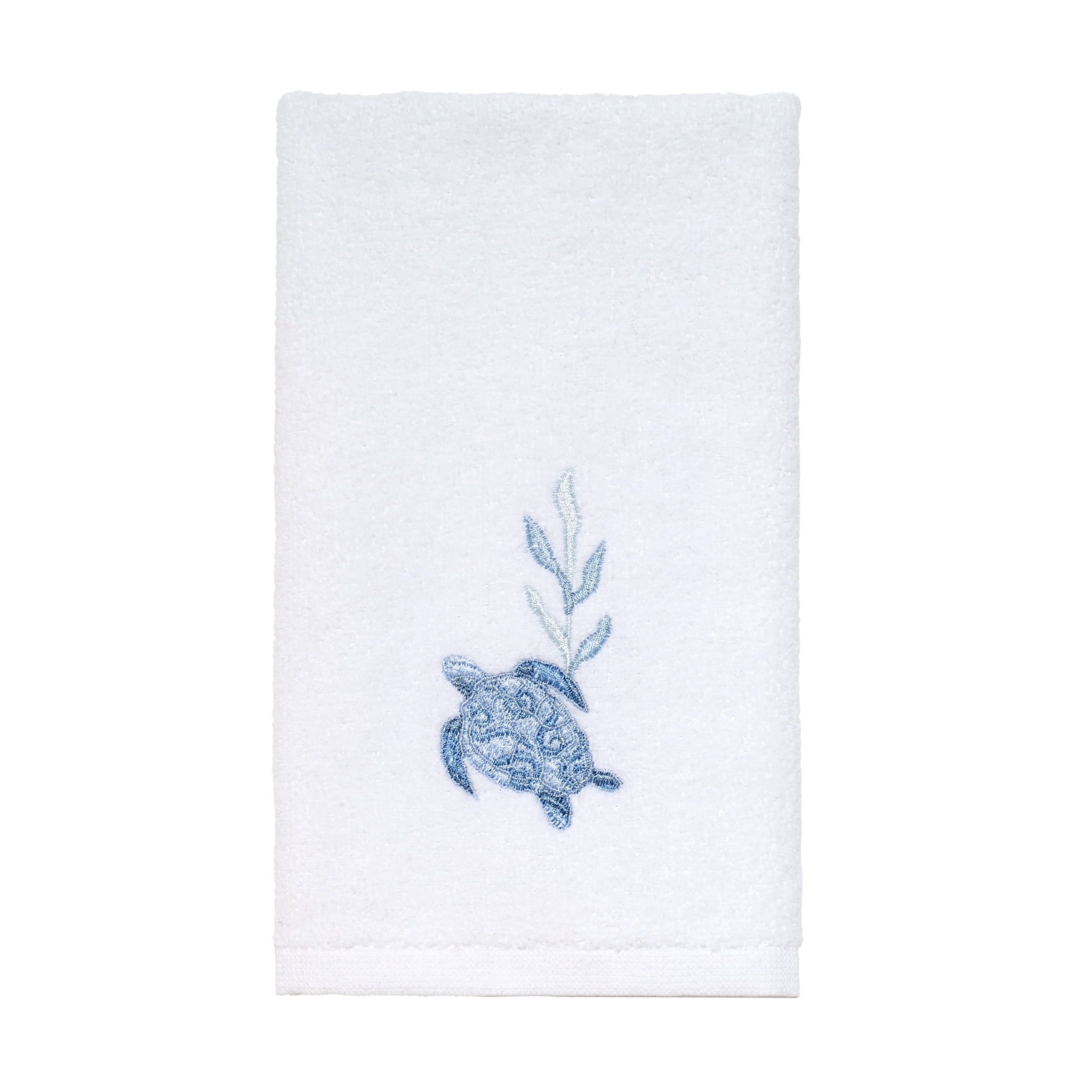 Optic White Cotton Fingertip Towel with Blue Sea Turtle Embroidery