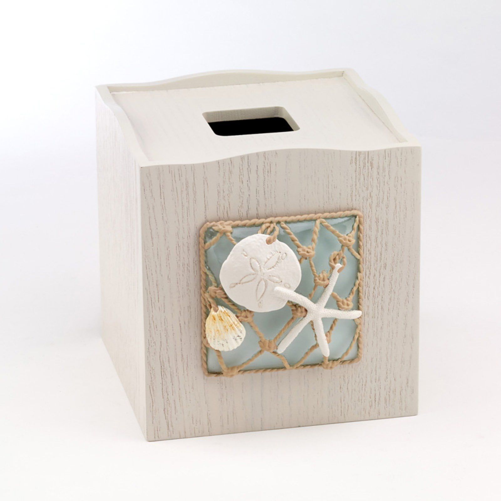 Whitewashed Wood Nautical Tissue Box Cover with Resin Insert