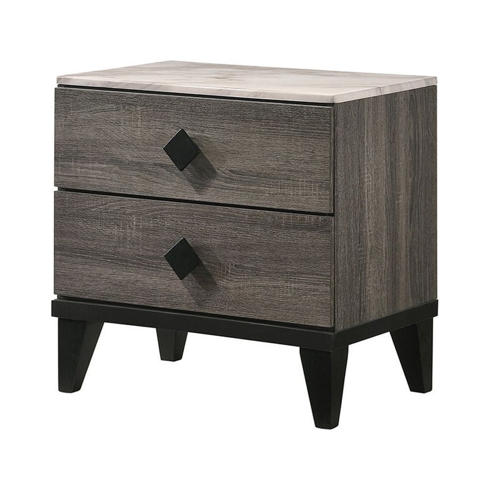 Gray Faux Marble Top 2-Drawer Nightstand with Diamond Metal Knobs