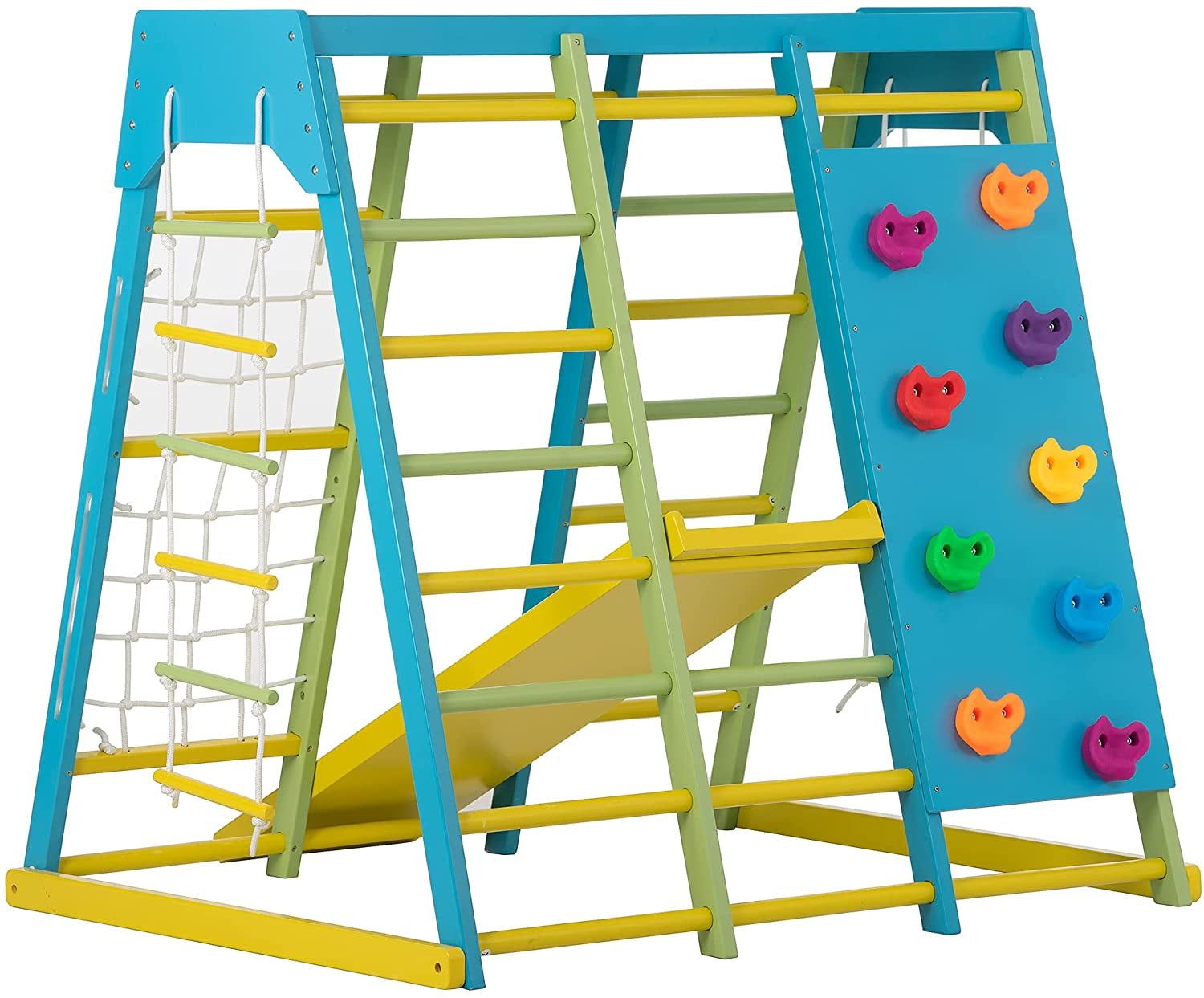 Colorful Wooden Indoor Climbing Gym with Slide and Rock Wall