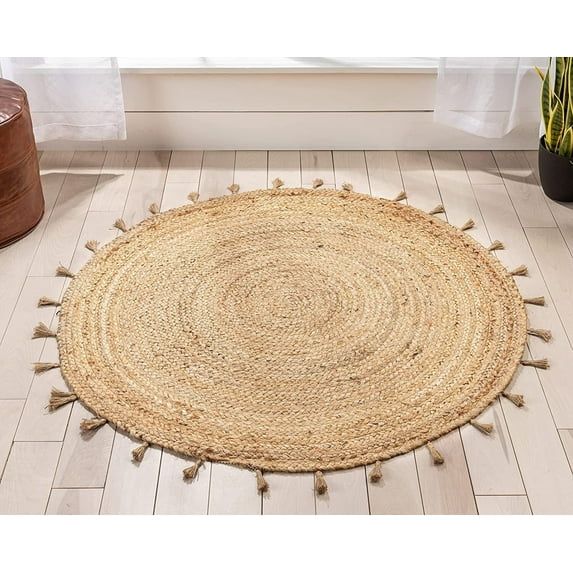 Handwoven Round Beige Cotton Braided Area Rug with Tassels