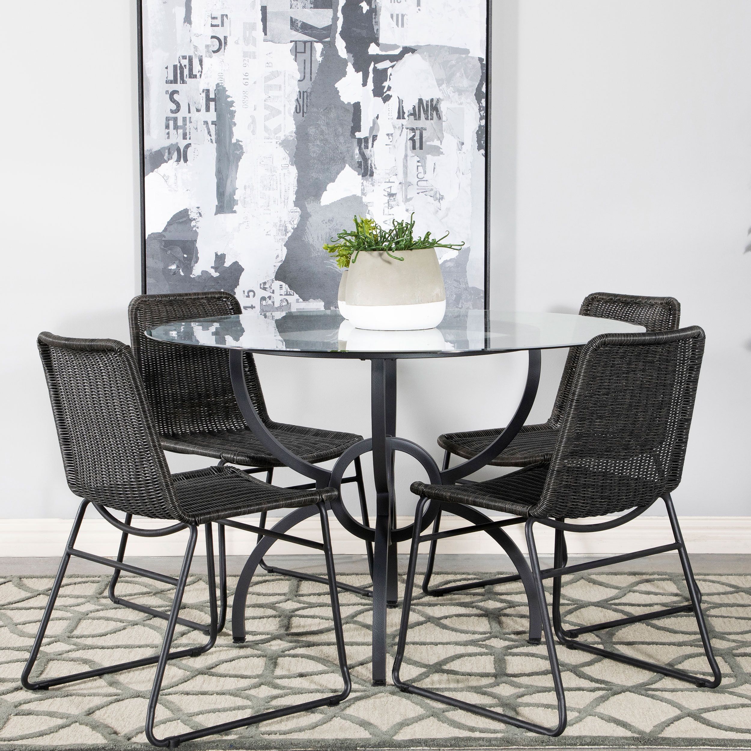 Aviano 48" Round Glass and Metal Dining Set with 4 Black Rattan Chairs