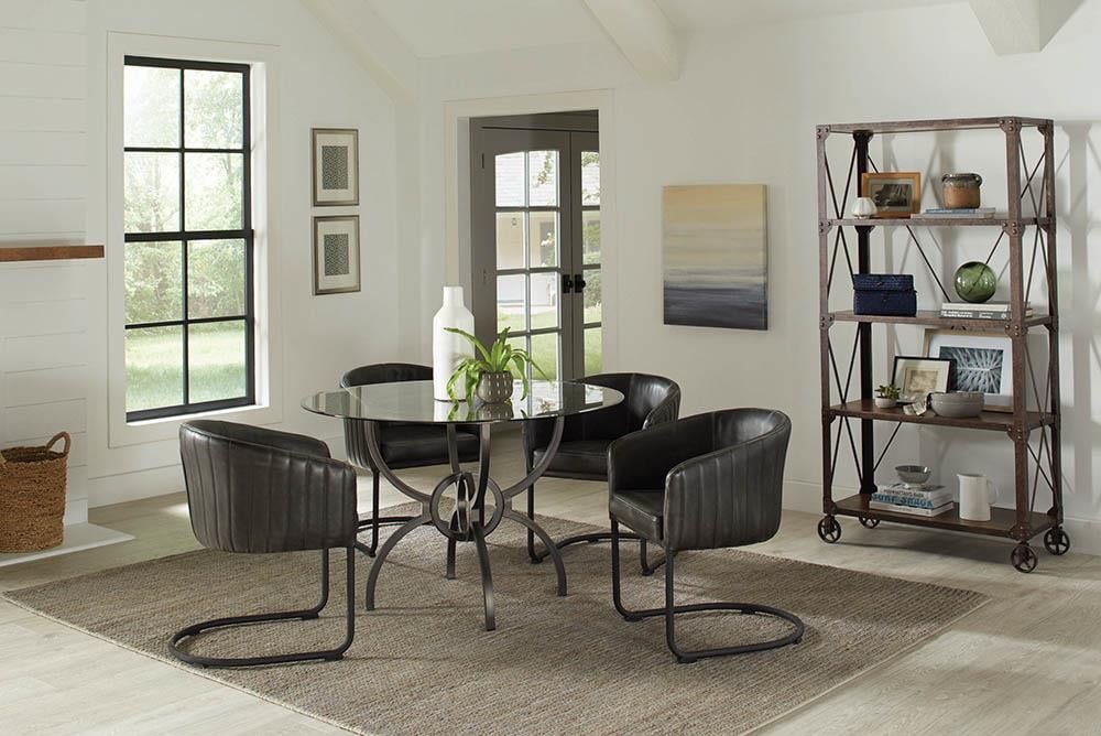 Aviano 5-Piece Round Glass Dining Set with Gunmetal Base and Anthracite Faux Leather Chairs