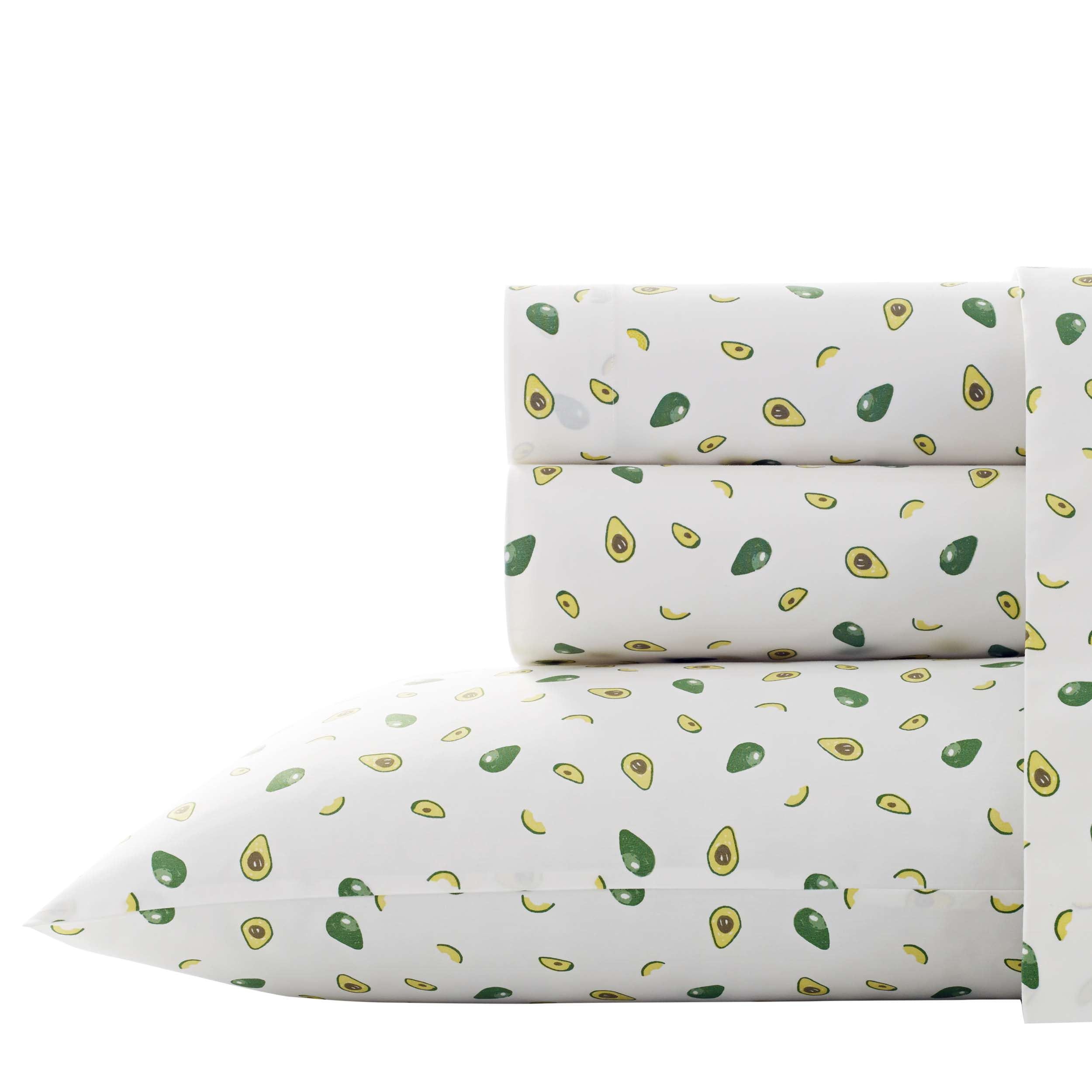 Twin White Cotton Percale Avocado Print Sheet Set