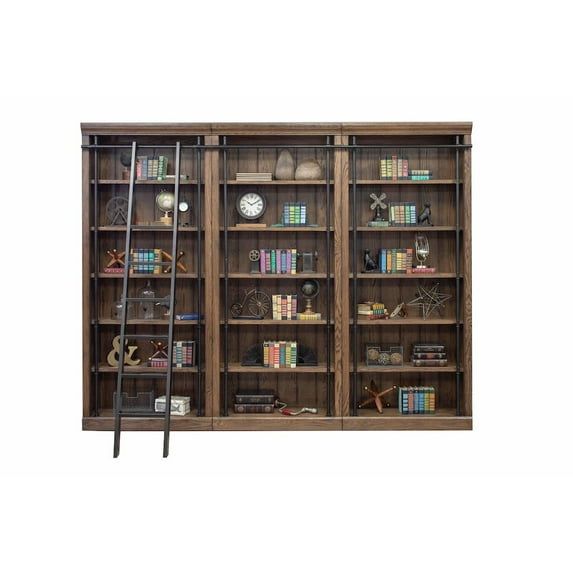 Avondale 8' Tall Brown Oak Bookcase Wall with Ladder