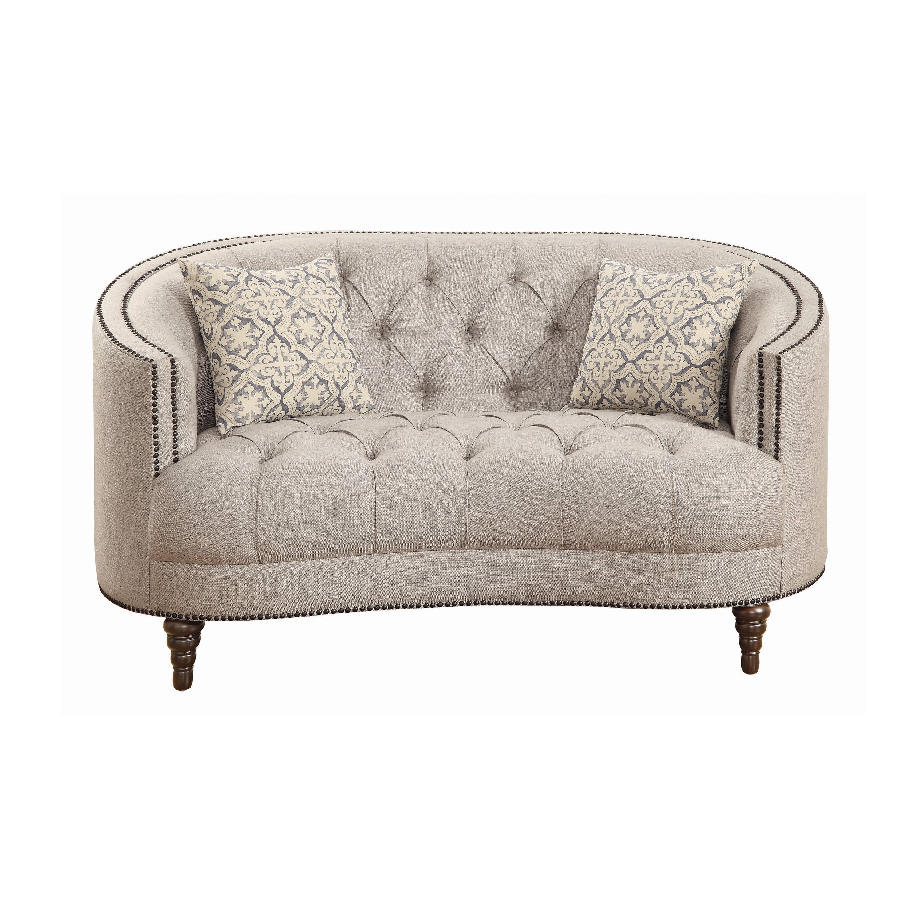 Beige Tufted Fabric Loveseat with Nailhead Trim and Wood Legs