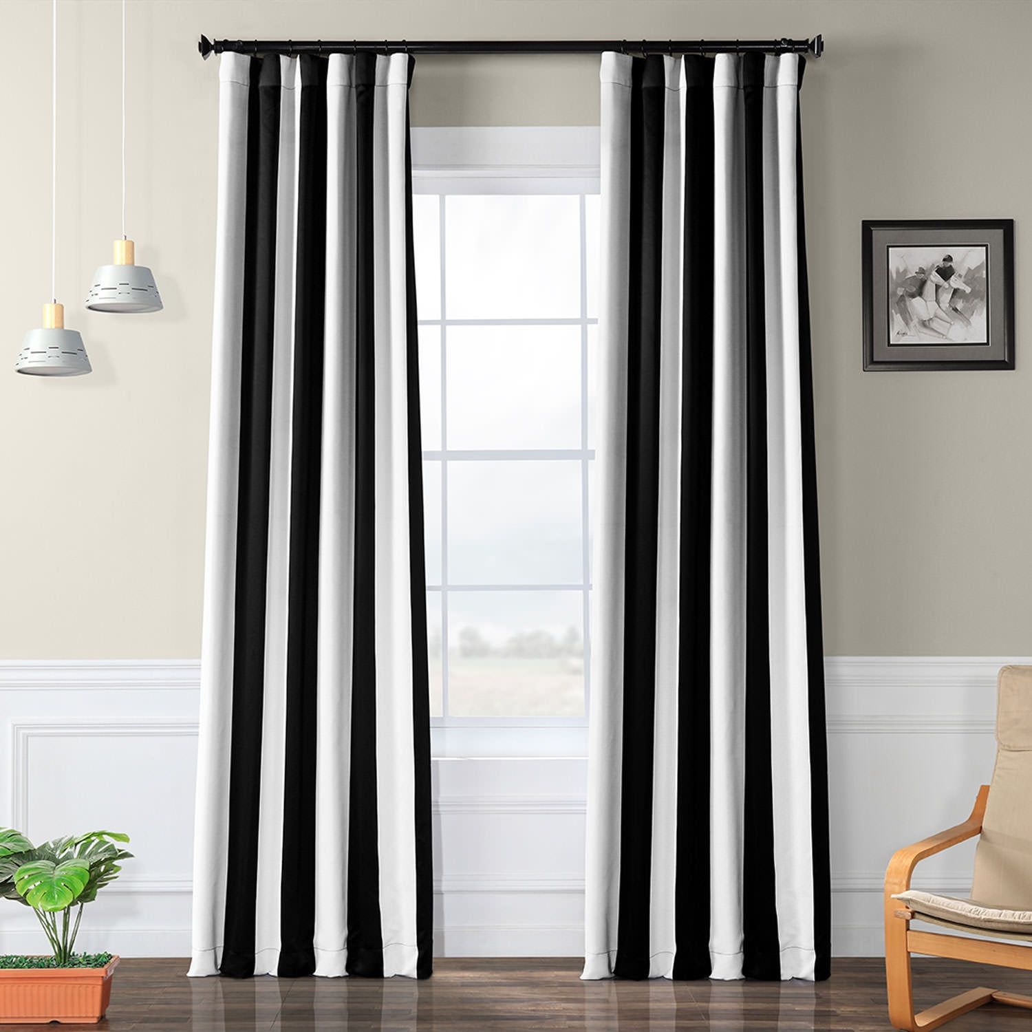 Awning Black and Fog White Stripe Blackout Polyester Curtains