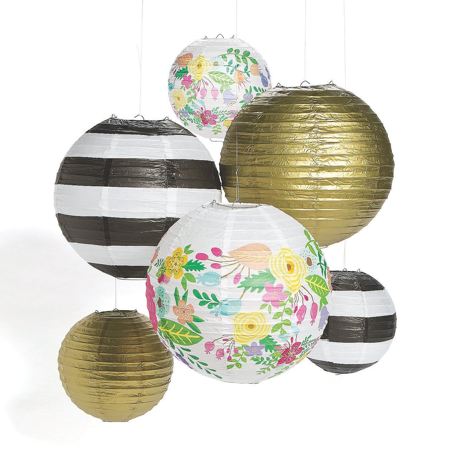 Black and White Stripe Floral Paper Lanterns Set