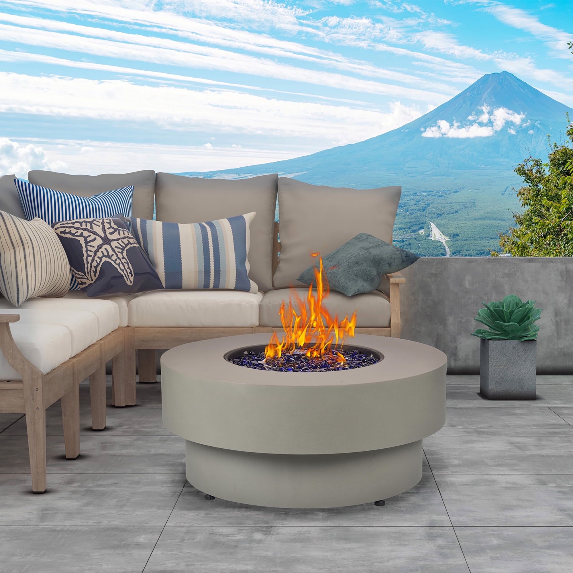 Flint Gray Round Propane Fire Pit Table with Glass Rocks