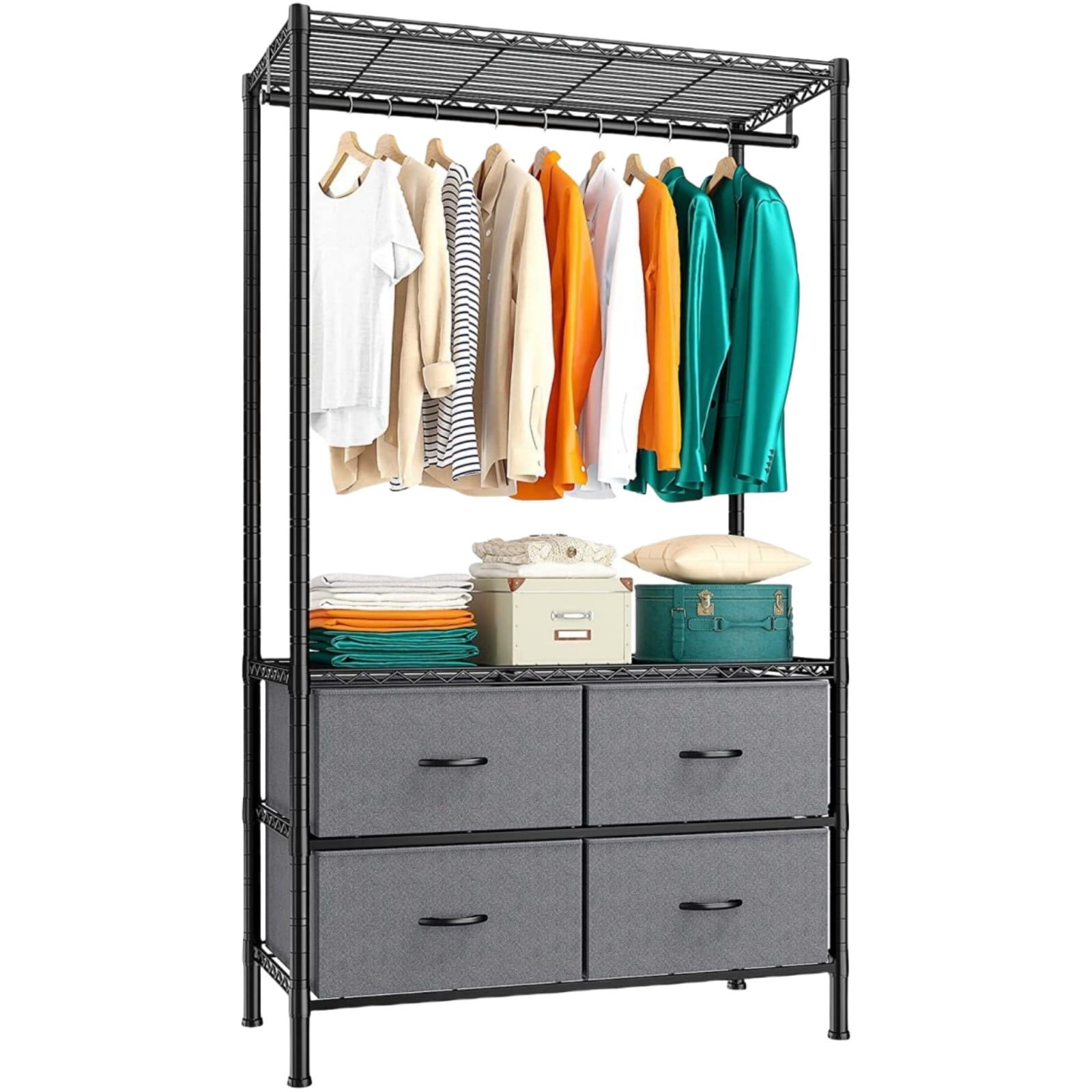 Black Metal Portable Closet System with 4 Fabric Drawers