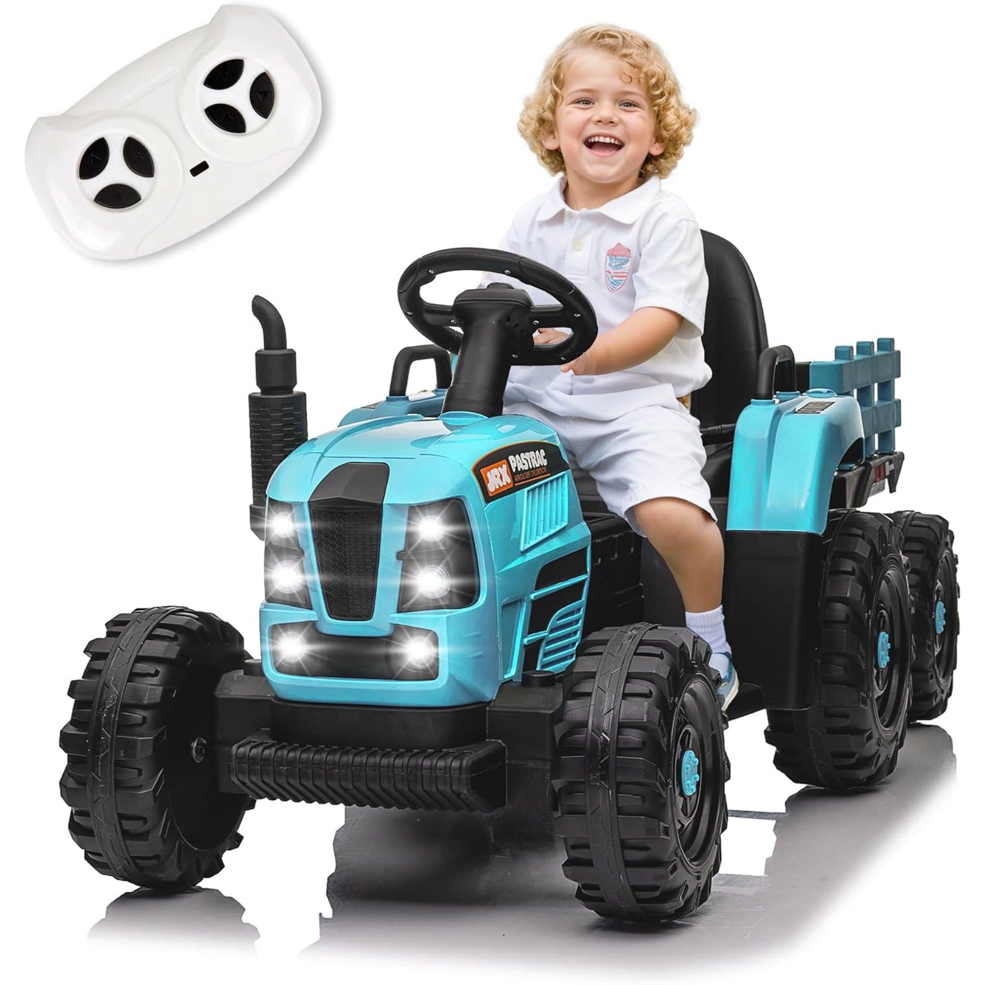 12V Blue Kids Ride-On Tractor with Trailer and Remote