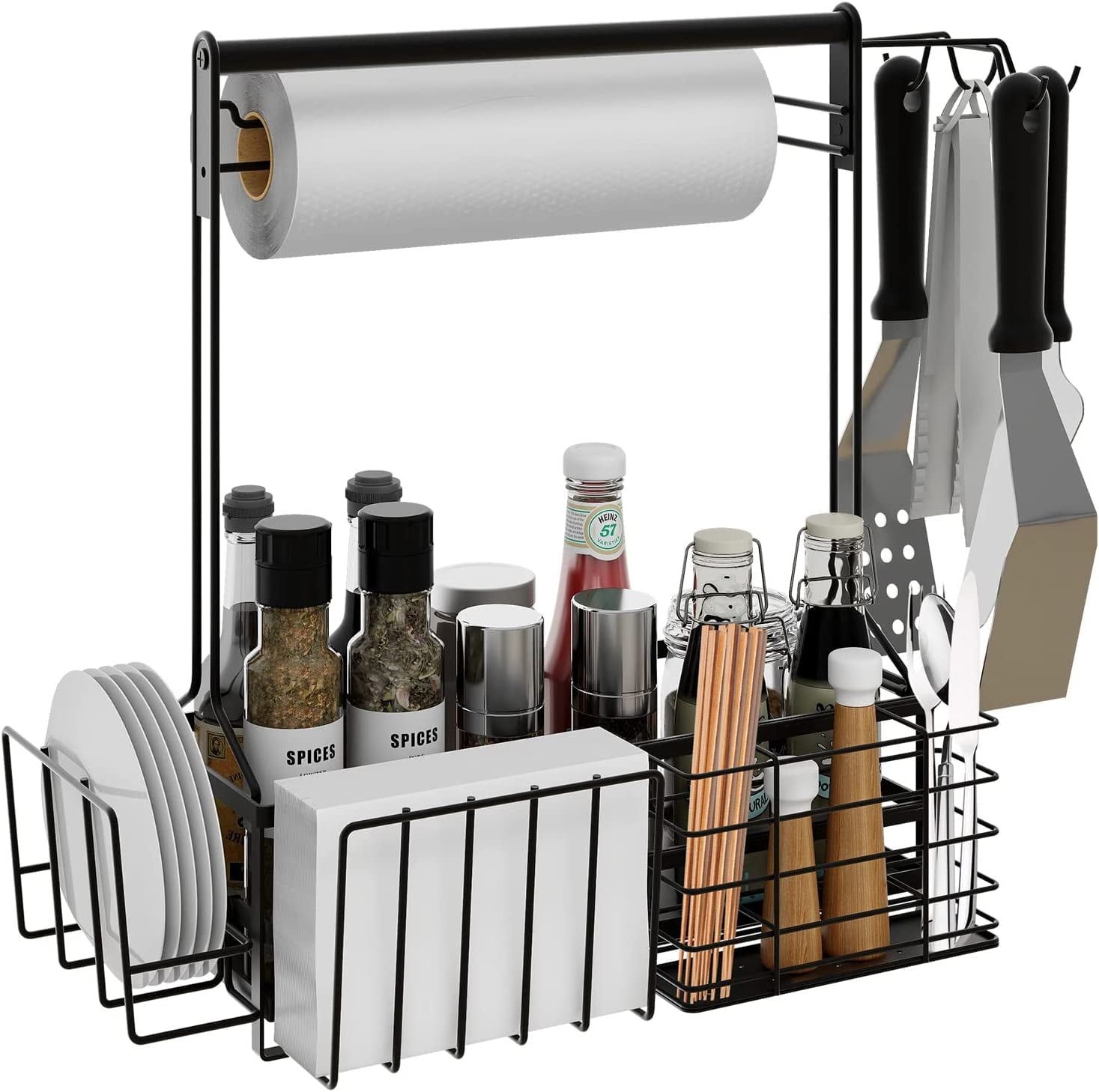 Black Steel BBQ Grill Caddy with Paper Towel Holder