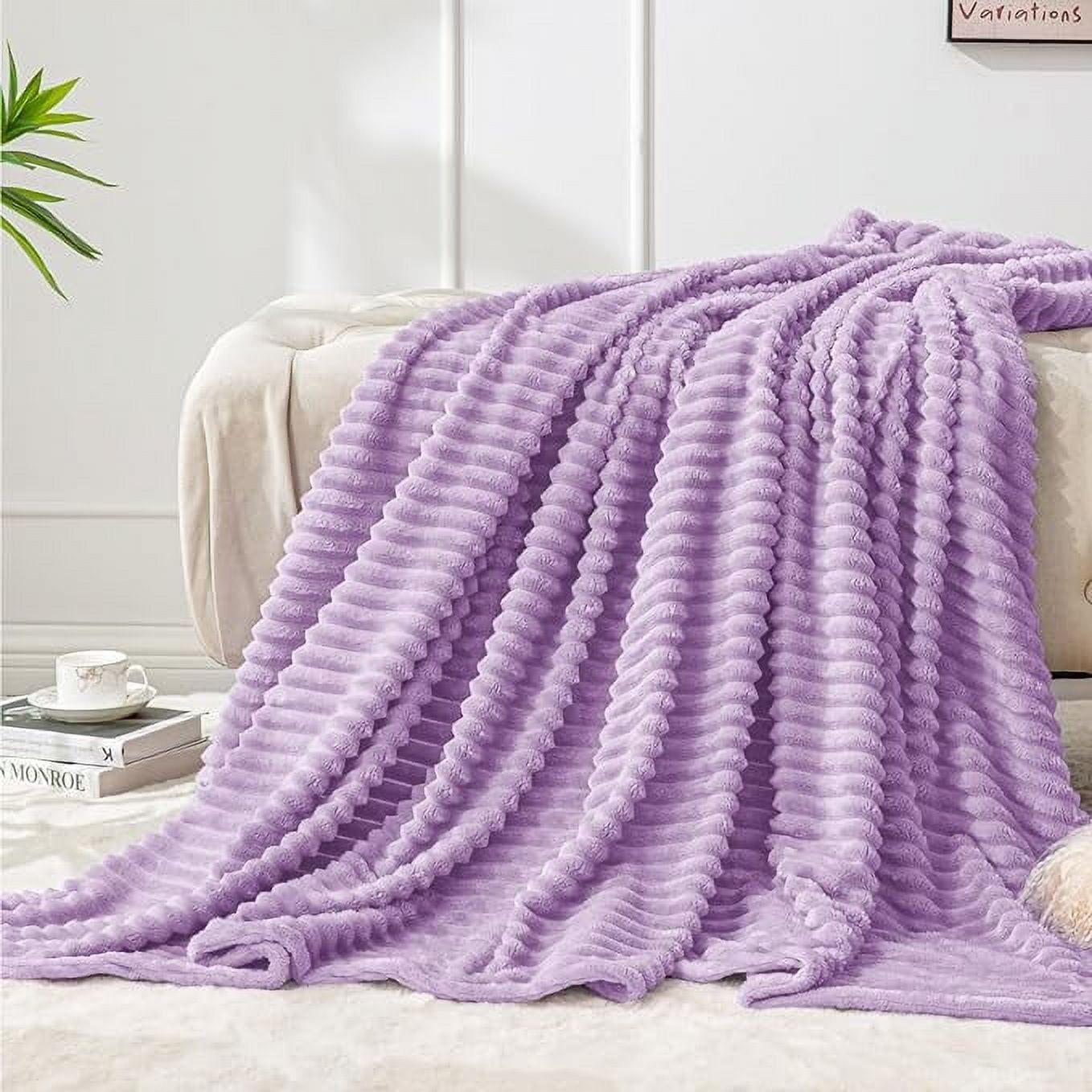 Lavender Fleece 3D Ribbed Reversible Throw Blanket