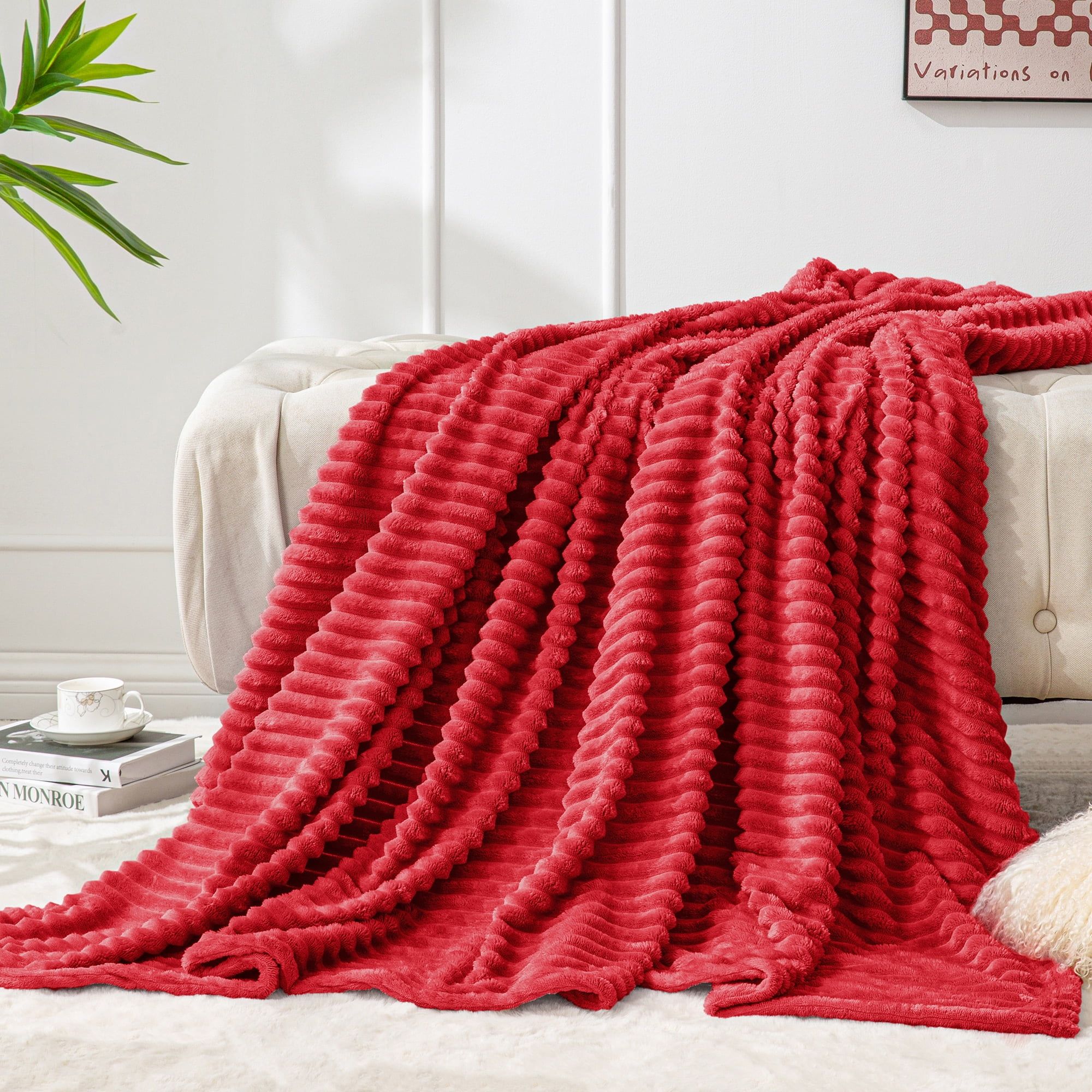 Red 3D Ribbed Fleece Reversible Throw Blanket 50x60 inches