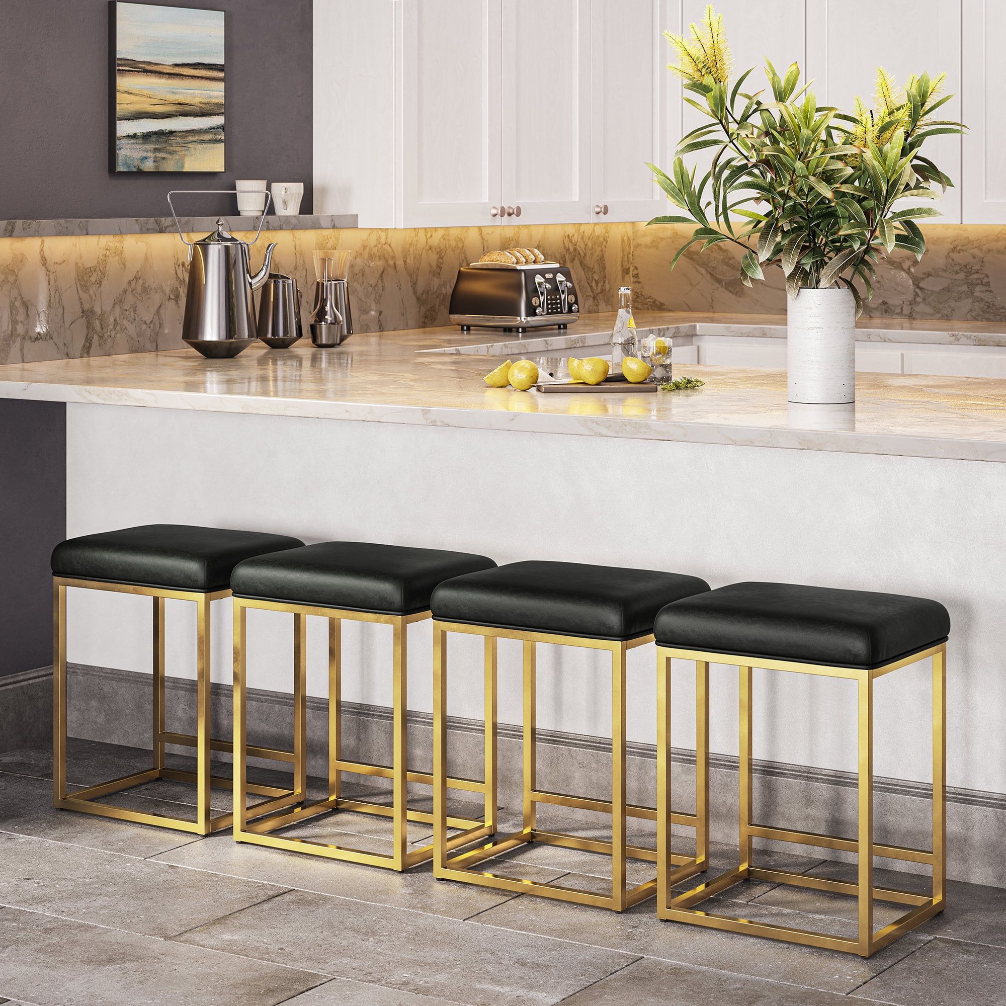 24" Black Faux Leather Backless Bar Stools with Gold Metal Base