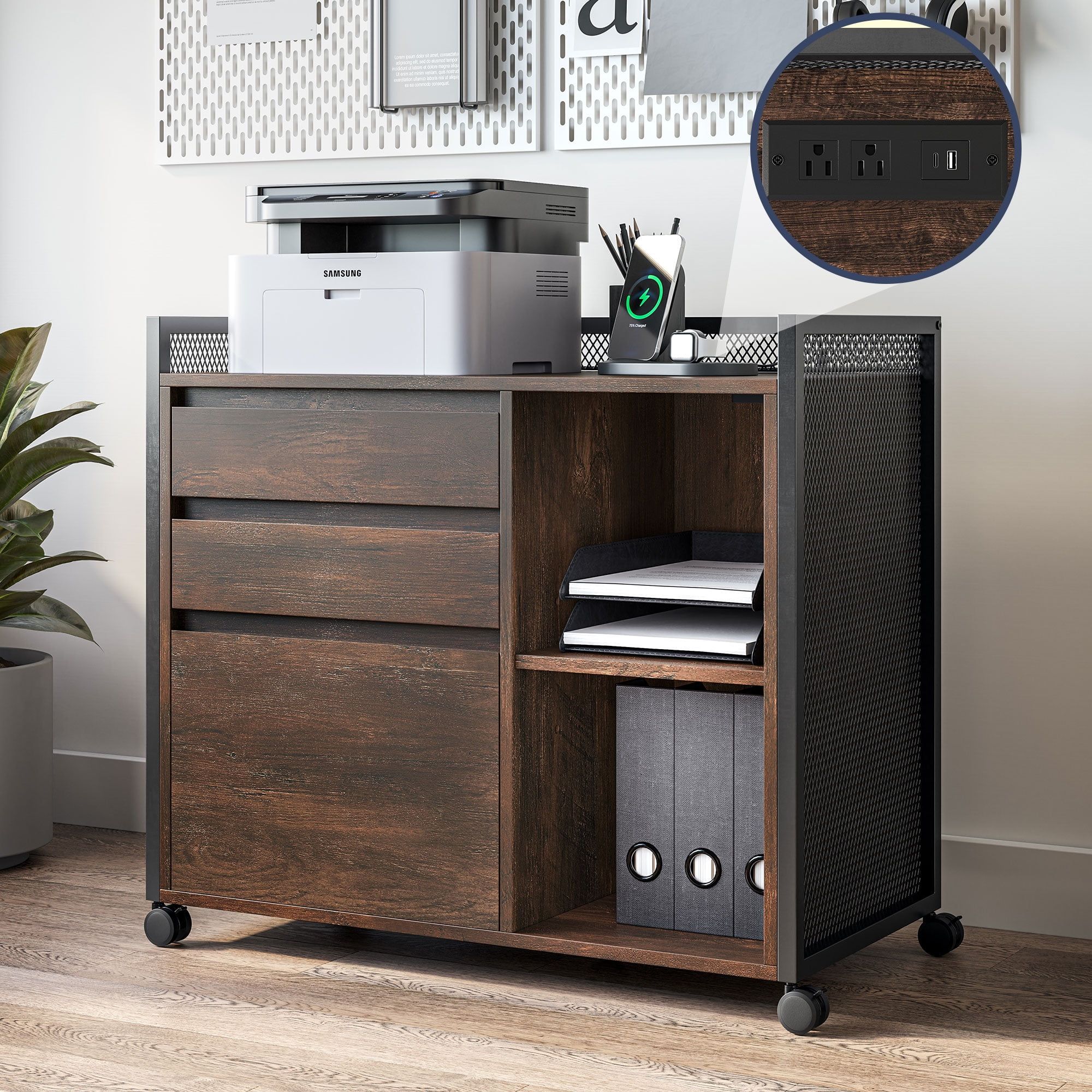 Old Wood Mobile File Cabinet Desk with USB Charging Station