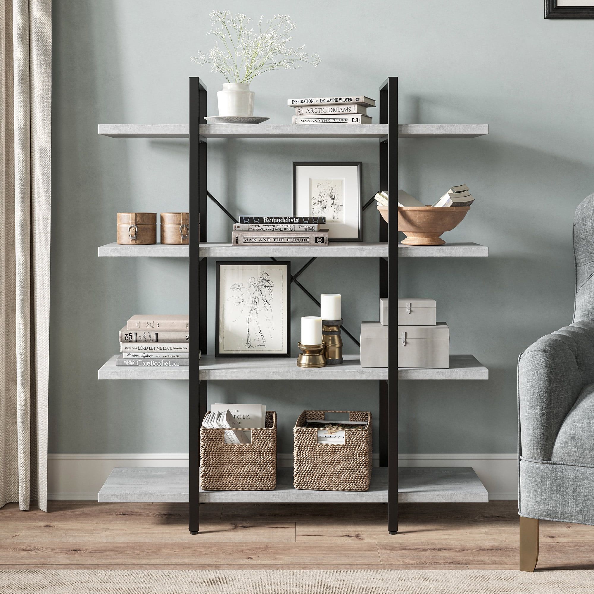 Stone Gray 4-Tier Industrial Wood and Metal Bookshelf