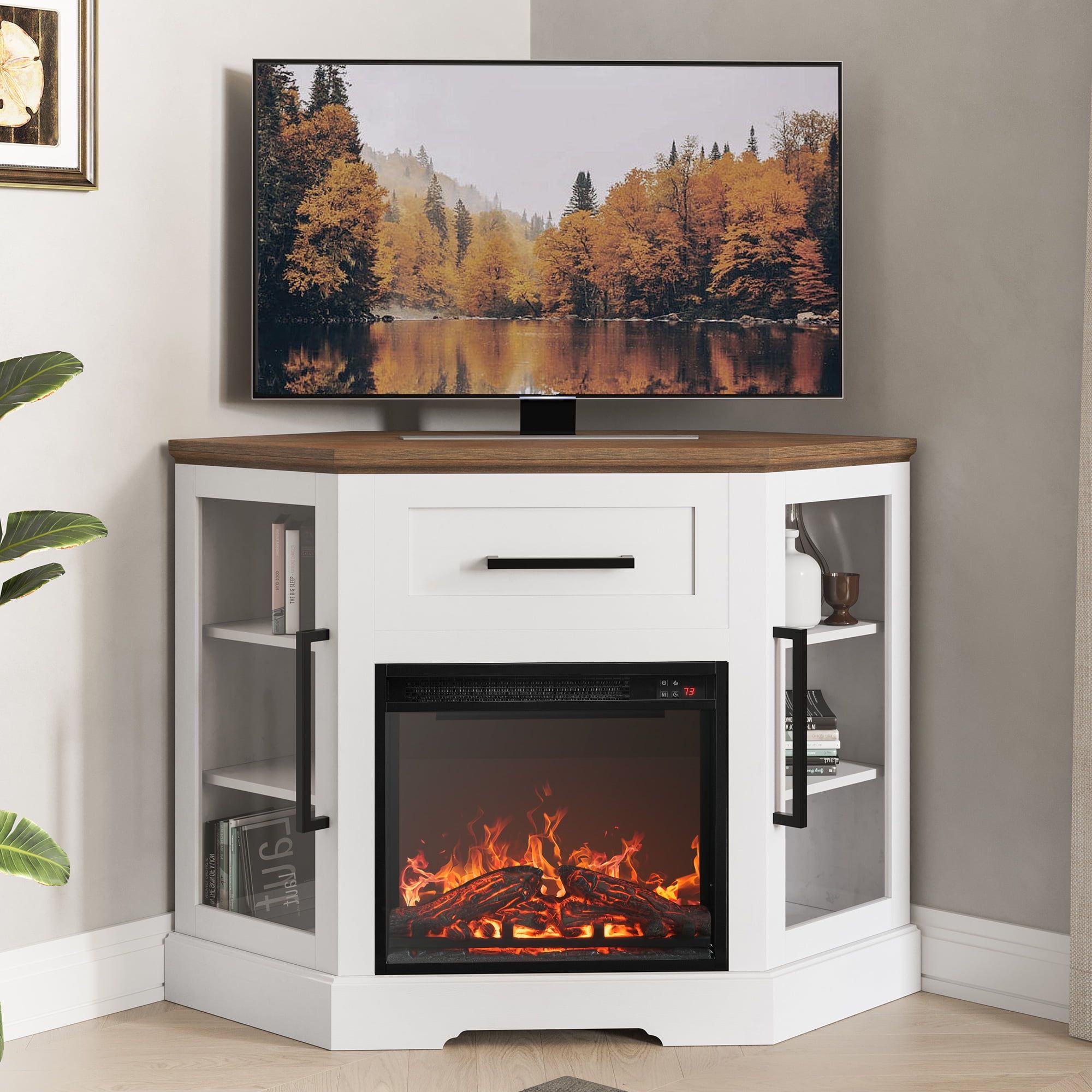 White Corner TV Stand with Electric Fireplace and Storage