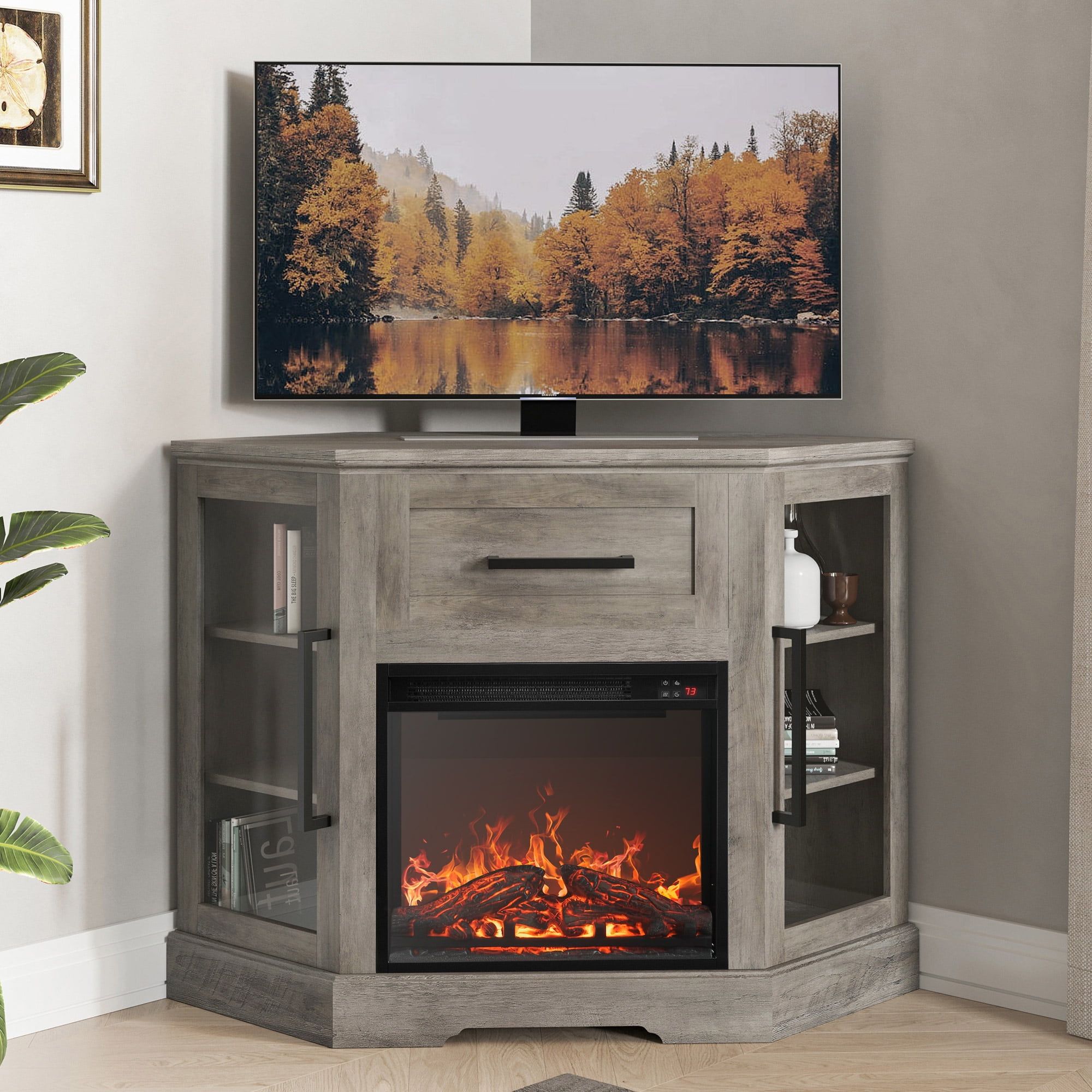 Gray Wash Corner TV Stand with Electric Fireplace and Storage Cabinets