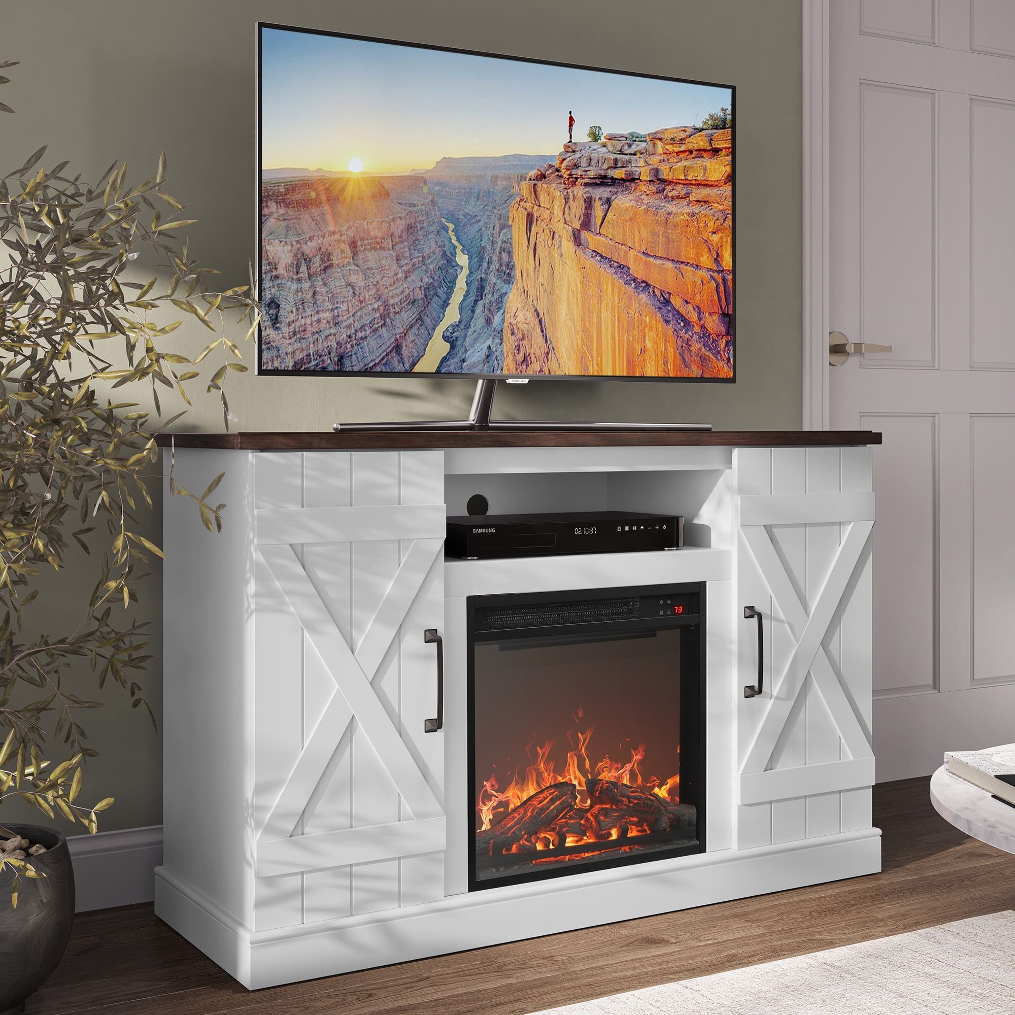 White 47" Modern Farmhouse TV Stand with Electric Fireplace