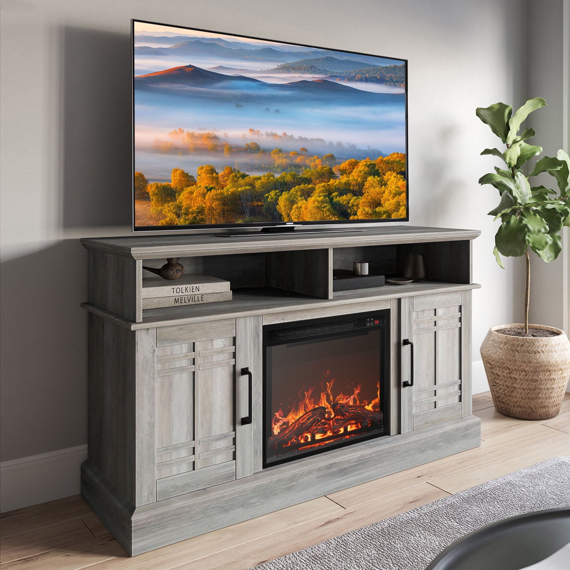 Chic Gray Wash 47" Electric Fireplace TV Stand with Cabinet Storage