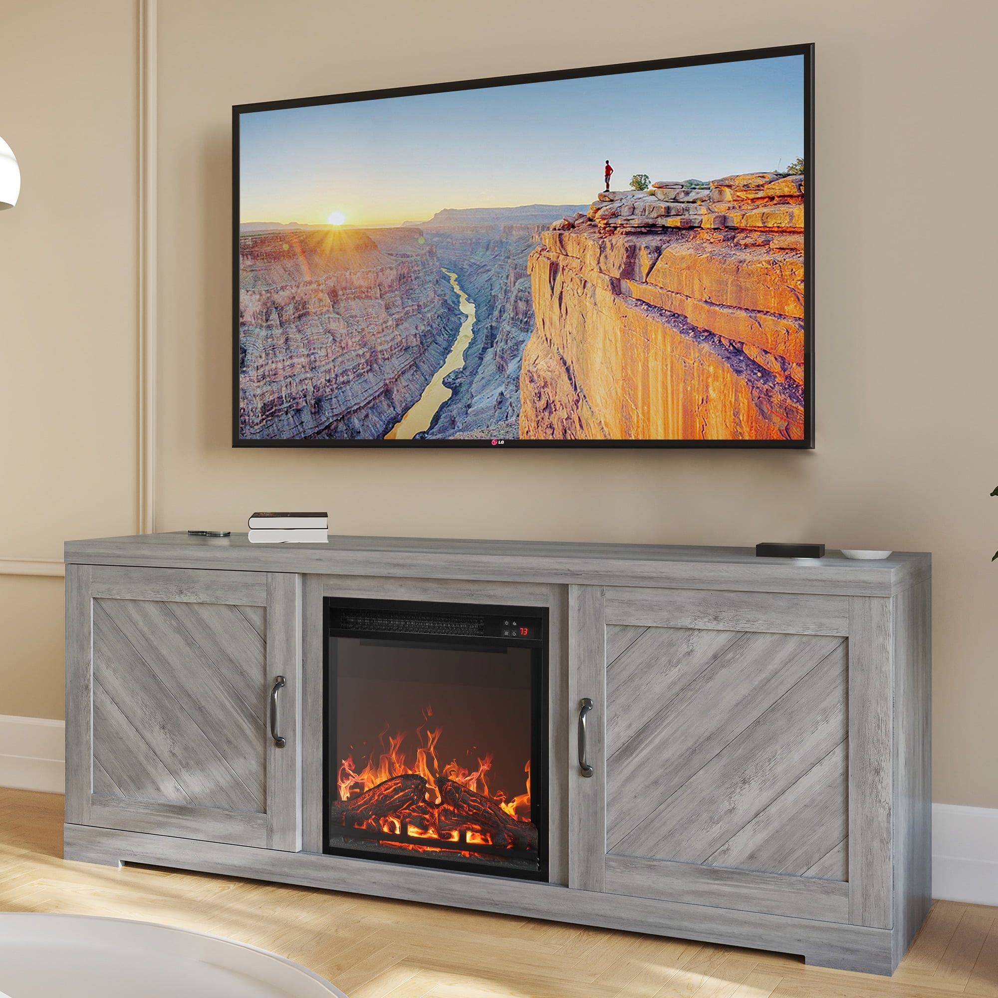 Gray Wash 58" Farmhouse TV Stand with Fireplace and Cabinets