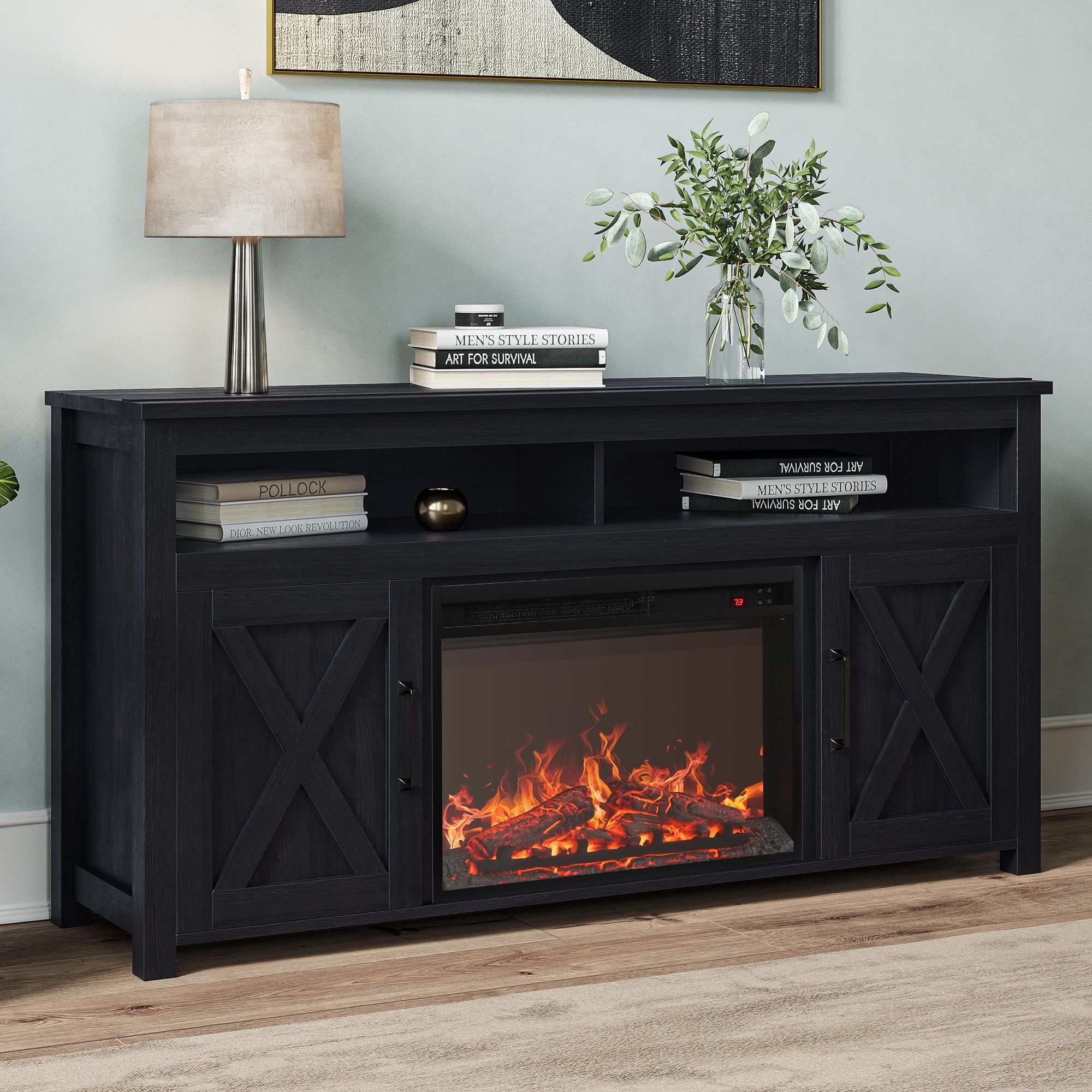 Rustic Gray 58" Wood TV Stand with Electric Fireplace